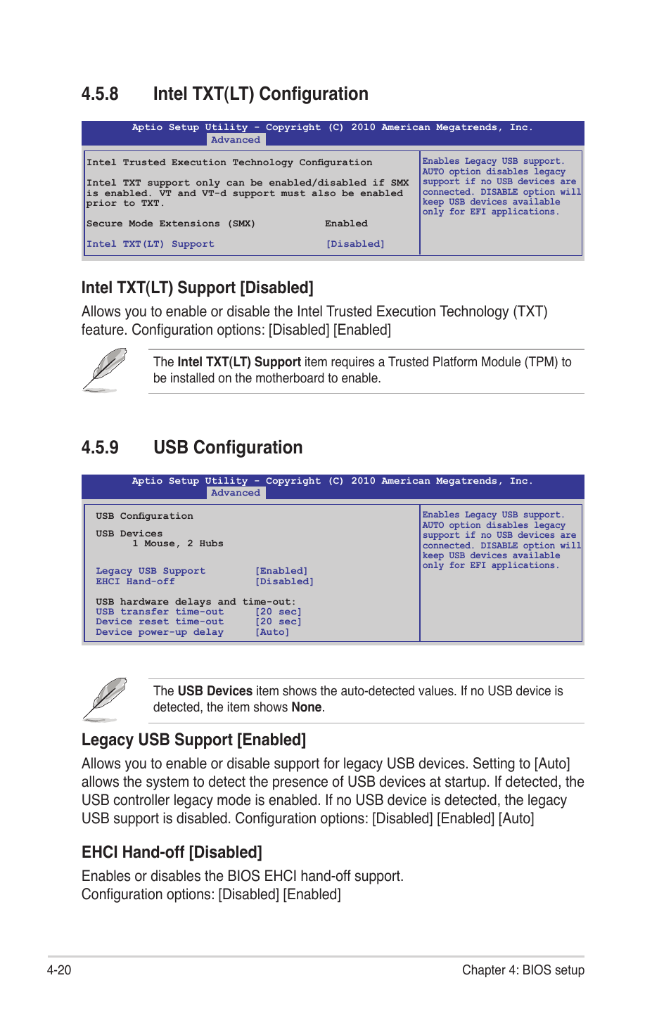 8 intel txt(lt) configuration, 9 usb configuration, Intel txt(lt) configuration -20 | Usb configuration -20, Legacy usb support [enabled, Ehci hand-off [disabled, Intel txt(lt) support [disabled | Asus P8B-E/4L User Manual | Page 80 / 154