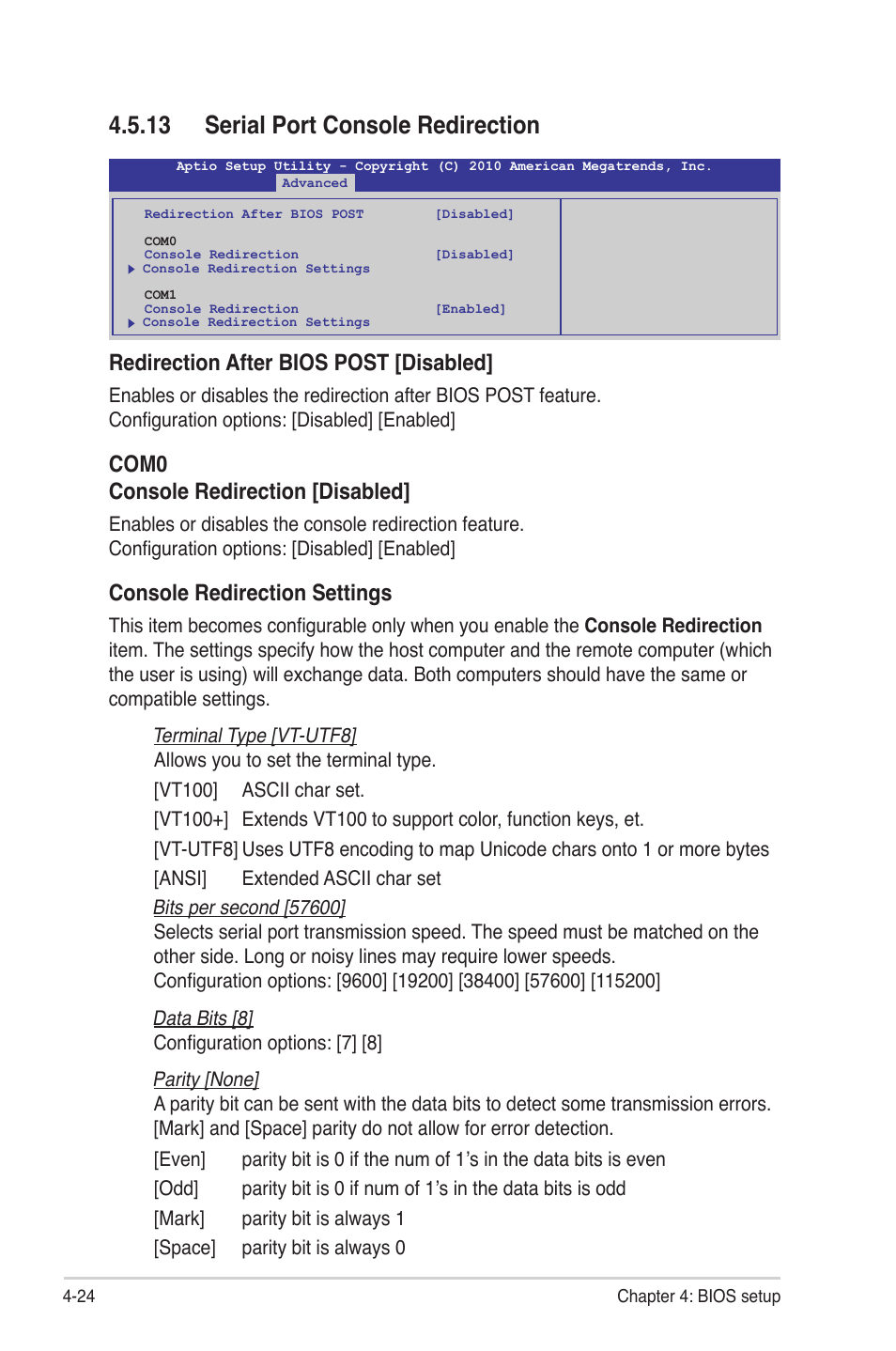 13 serial port console redirection, 13 serial port console redirection -24, Redirection after bios post [disabled | Com0 console redirection [disabled, Console redirection settings | Asus P8B-E/4L User Manual | Page 84 / 154