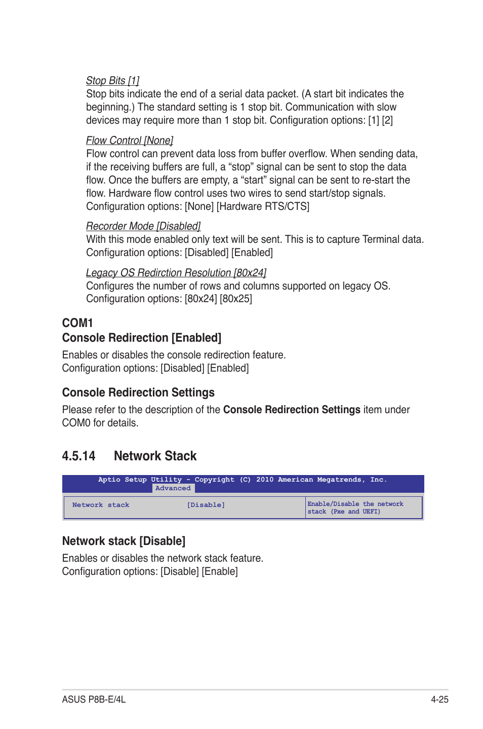 14 network stack, 14 network stack -25, Network stack [disable | Com1 console redirection [enabled, Console redirection settings | Asus P8B-E/4L User Manual | Page 85 / 154