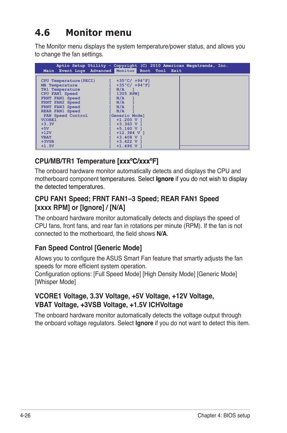 6 monitor menu, Monitor menu -26, Cpu/mb/tr1 temperature [xxx�c/xxx�f] [xxx�c/xxx�f | Fan speed control [generic mode | Asus P8B-E/4L User Manual | Page 86 / 154