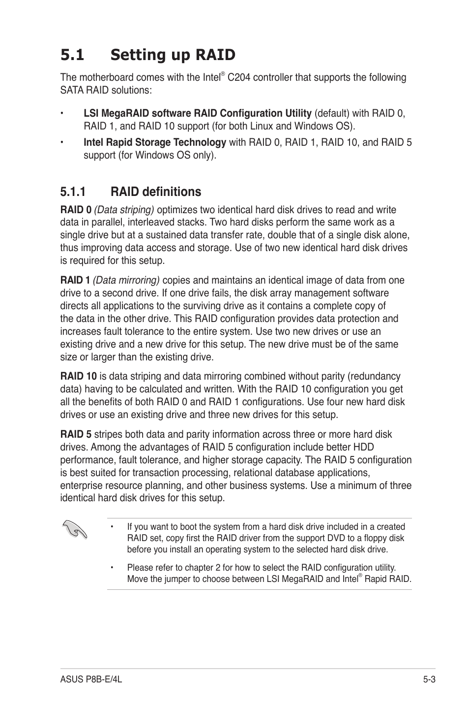 1 setting up raid, 1 raid definitions, Setting up raid -3 5.1.1 | Raid definitions -3 | Asus P8B-E/4L User Manual | Page 93 / 154