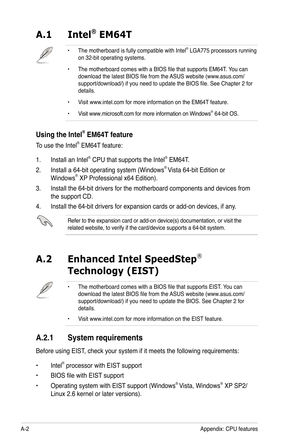 A.1 intel® em64t, A.2 enhanced intel speedstep® technology (eist), A.2.1 system requirements | Intel, Enhanced intel speedstep, Technology (eist) ........................a-2, A.1 intel, Em64t, A.2 enhanced intel speedstep, Technology (eist) | Asus P5E-VM SE User Manual | Page 100 / 102