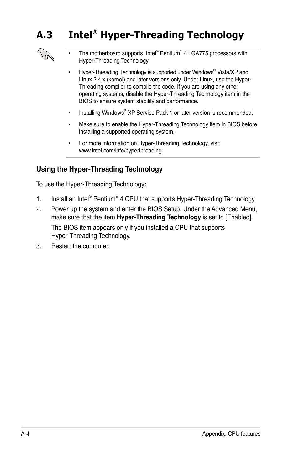 A.3 intel® hyper-threading technology, Intel, A.3 intel | Hyper-threading technology, Using the hyper-threading technology | Asus P5E-VM SE User Manual | Page 102 / 102