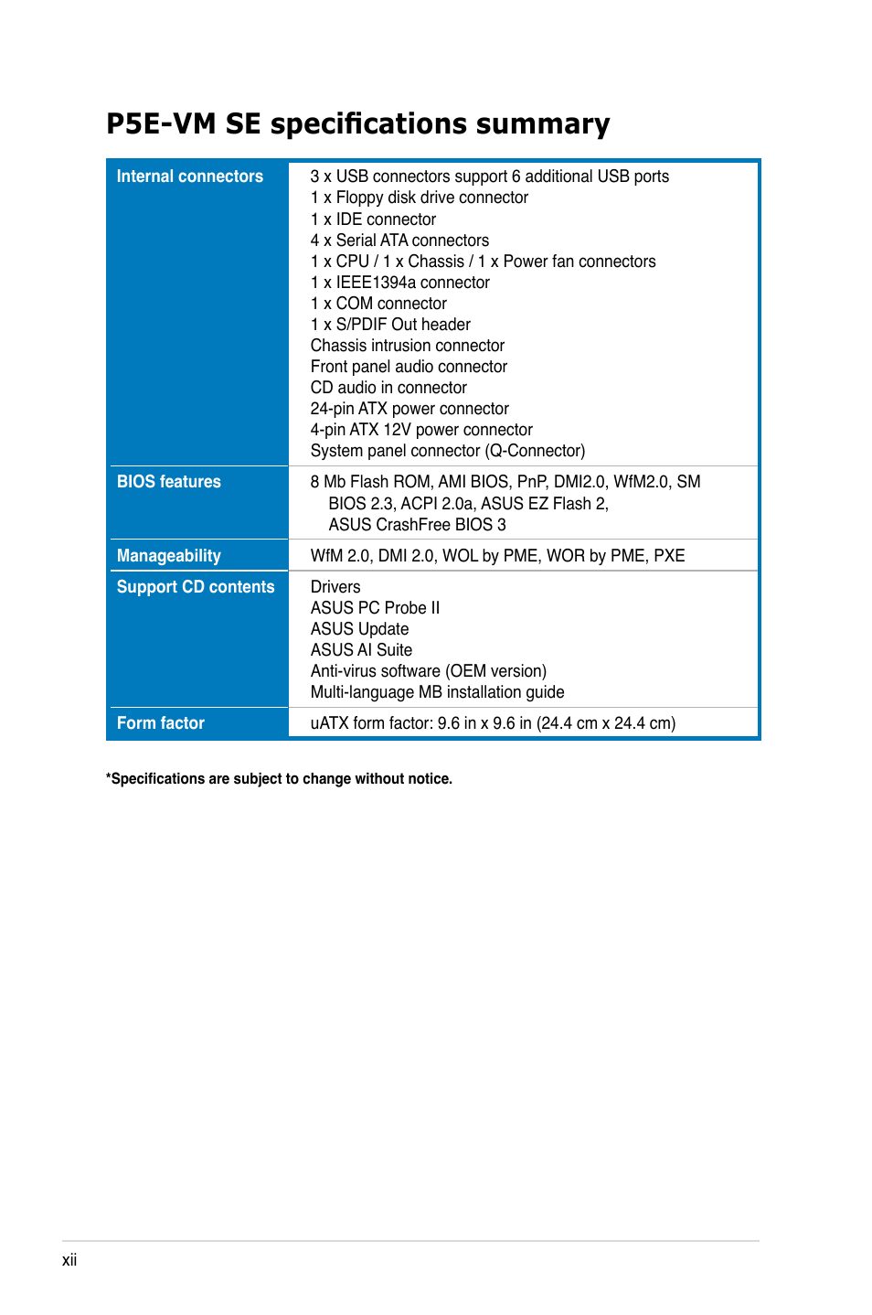 P5e-vm se specifications summary | Asus P5E-VM SE User Manual | Page 12 / 102