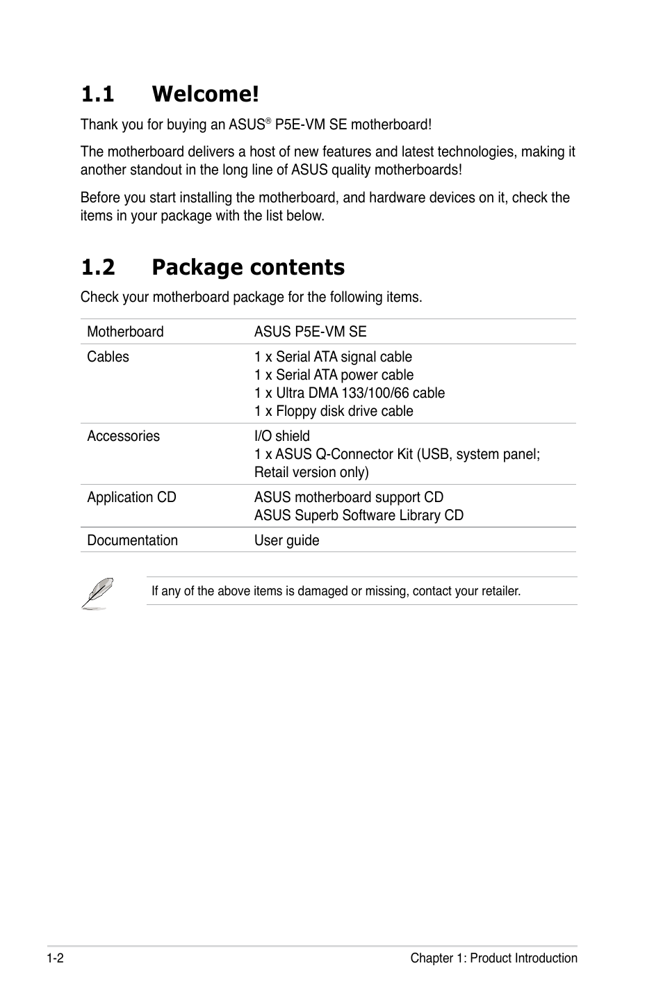 1 welcome, 2 package contents, Welcome! -2 | Package contents -2 | Asus P5E-VM SE User Manual | Page 14 / 102