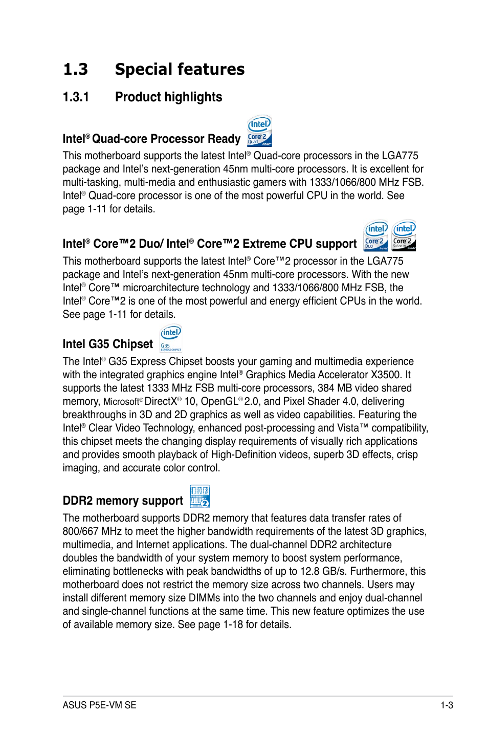 3 special features, 1 product highlights, Special features -3 1.3.1 | Product highlights -3, Intel, Quad-core processor ready, Core™2 duo/ intel, Core™2 extreme cpu support, Intel g35 chipset | Asus P5E-VM SE User Manual | Page 15 / 102