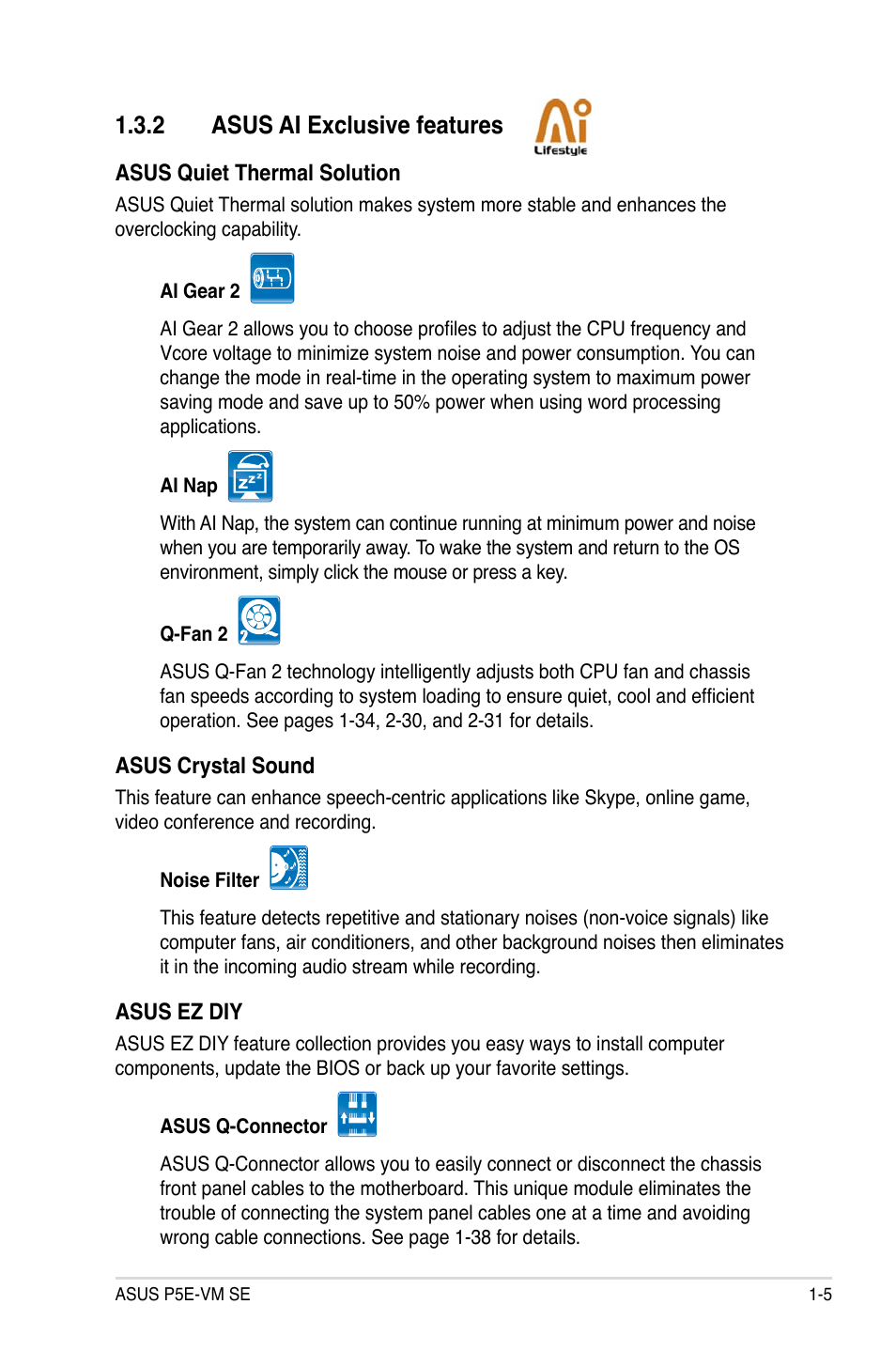 2 asus ai exclusive features, Asus ai exclusive features -5 | Asus P5E-VM SE User Manual | Page 17 / 102