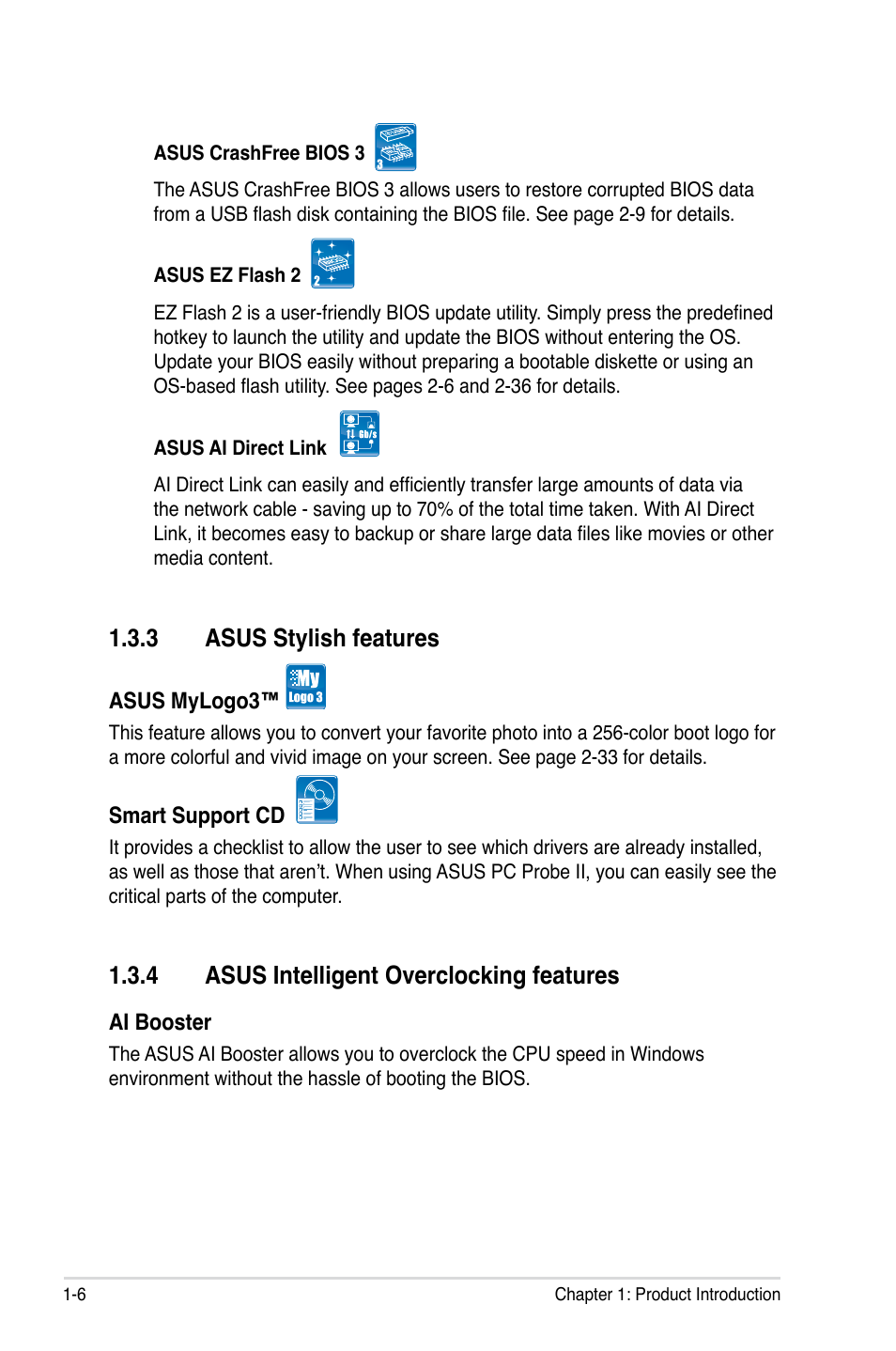 3 asus stylish features, 4 asus intelligent overclocking features, Asus stylish features -6 | Asus intelligent overclocking features -6 | Asus P5E-VM SE User Manual | Page 18 / 102