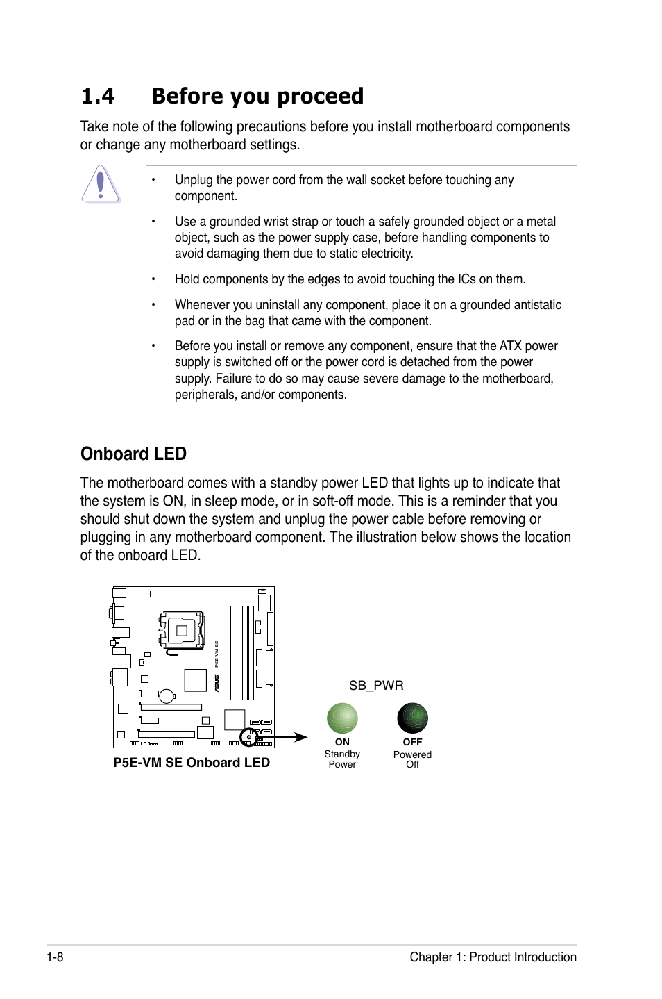 4 before you proceed, Before you proceed -8, Onboard led | Asus P5E-VM SE User Manual | Page 20 / 102