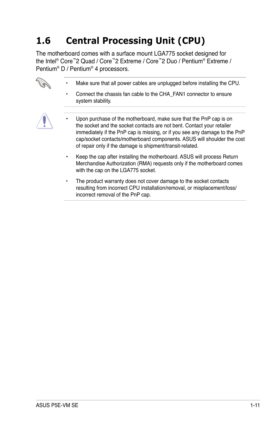 6 central processing unit (cpu), Central processing unit (cpu) -11 | Asus P5E-VM SE User Manual | Page 23 / 102