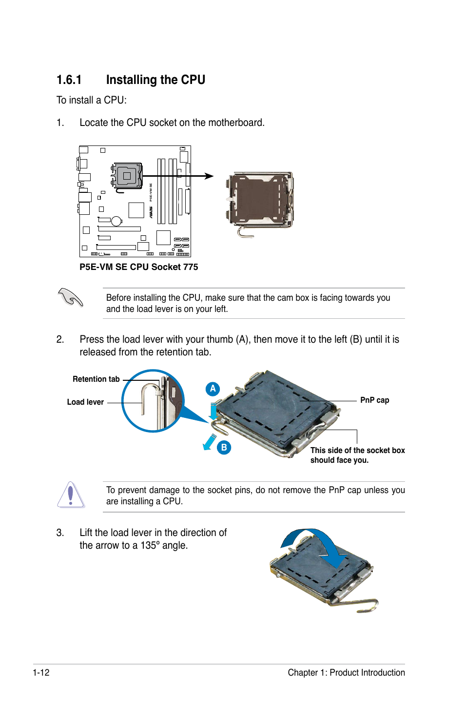 1 installing the cpu, Installing the cpu -12 | Asus P5E-VM SE User Manual | Page 24 / 102