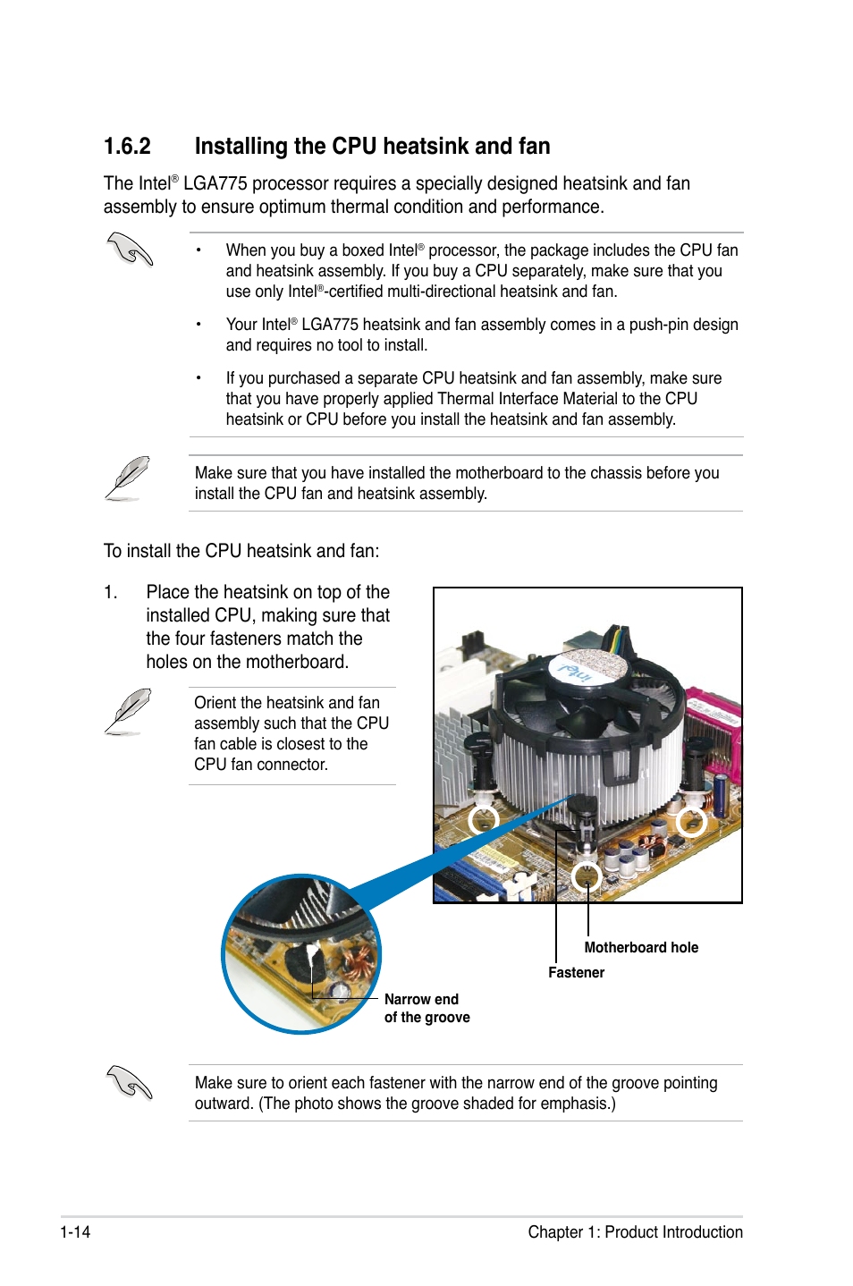 2 installing the cpu heatsink and fan, Installing the cpu heatsink and fan -14 | Asus P5E-VM SE User Manual | Page 26 / 102
