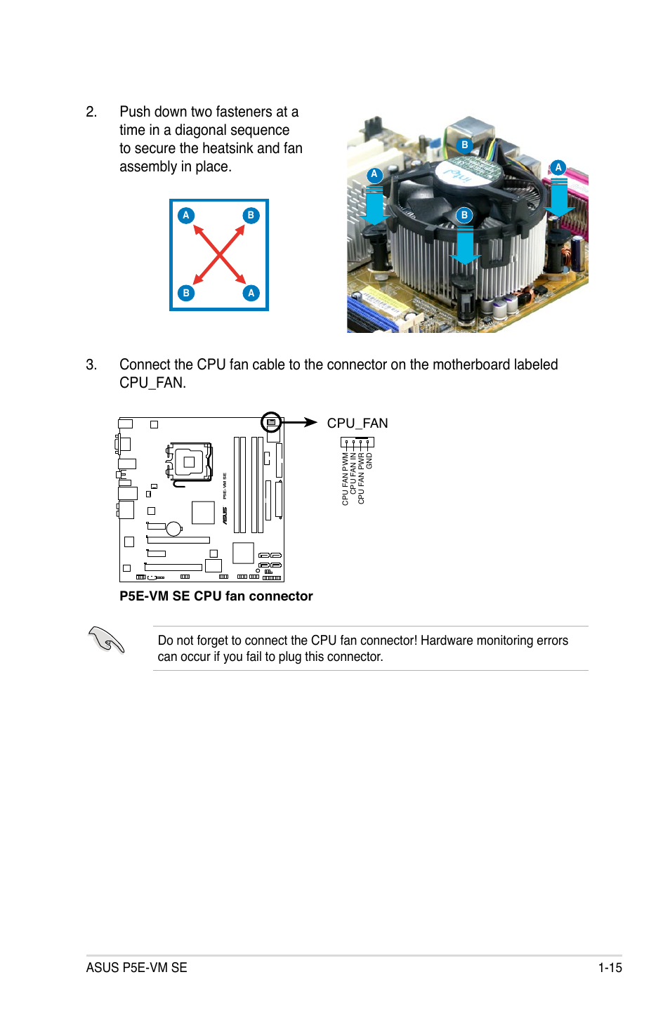 Asus p5e-vm se 1-15, P5e-vm se cpu fan connector cpu_fan | Asus P5E-VM SE User Manual | Page 27 / 102