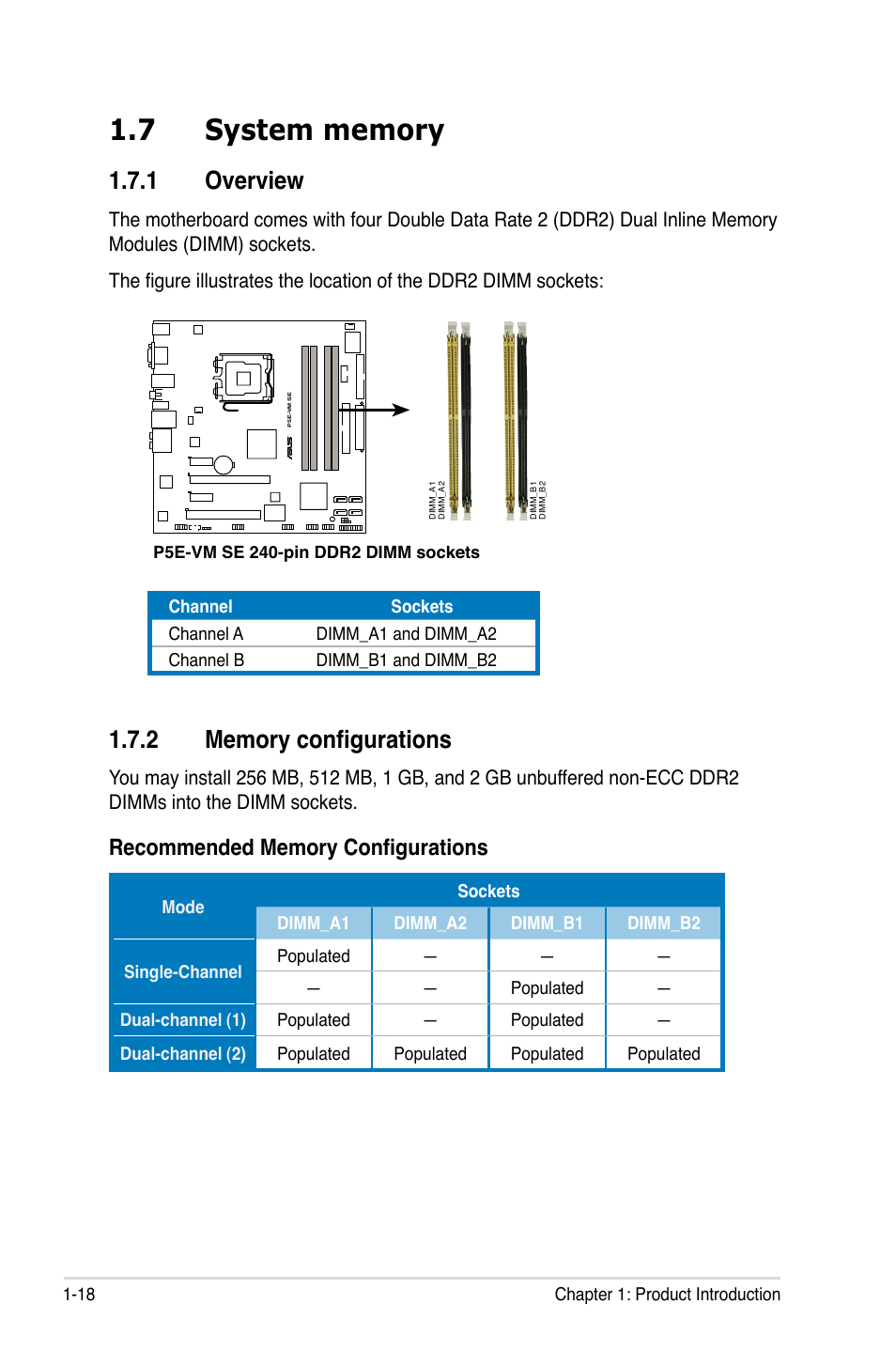 7 system memory, 1 overview, 2 memory configurations | System memory -18 1.7.1, Overview -18, Memory configurations -18 | Asus P5E-VM SE User Manual | Page 30 / 102