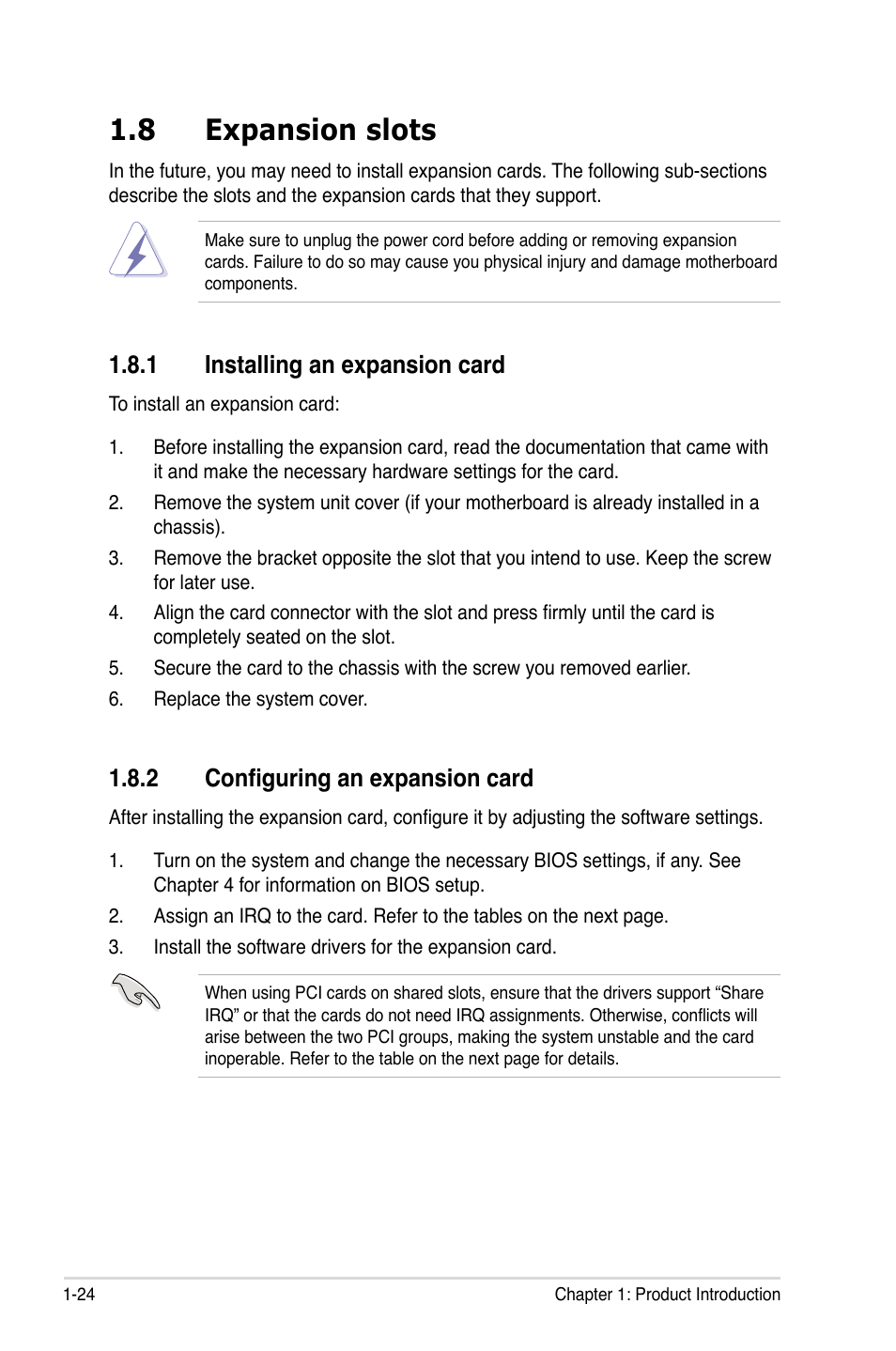 8 expansion slots, 1 installing an expansion card, 2 configuring an expansion card | Expansion slots -24 1.8.1, Installing an expansion card -24, Configuring an expansion card -24 | Asus P5E-VM SE User Manual | Page 36 / 102