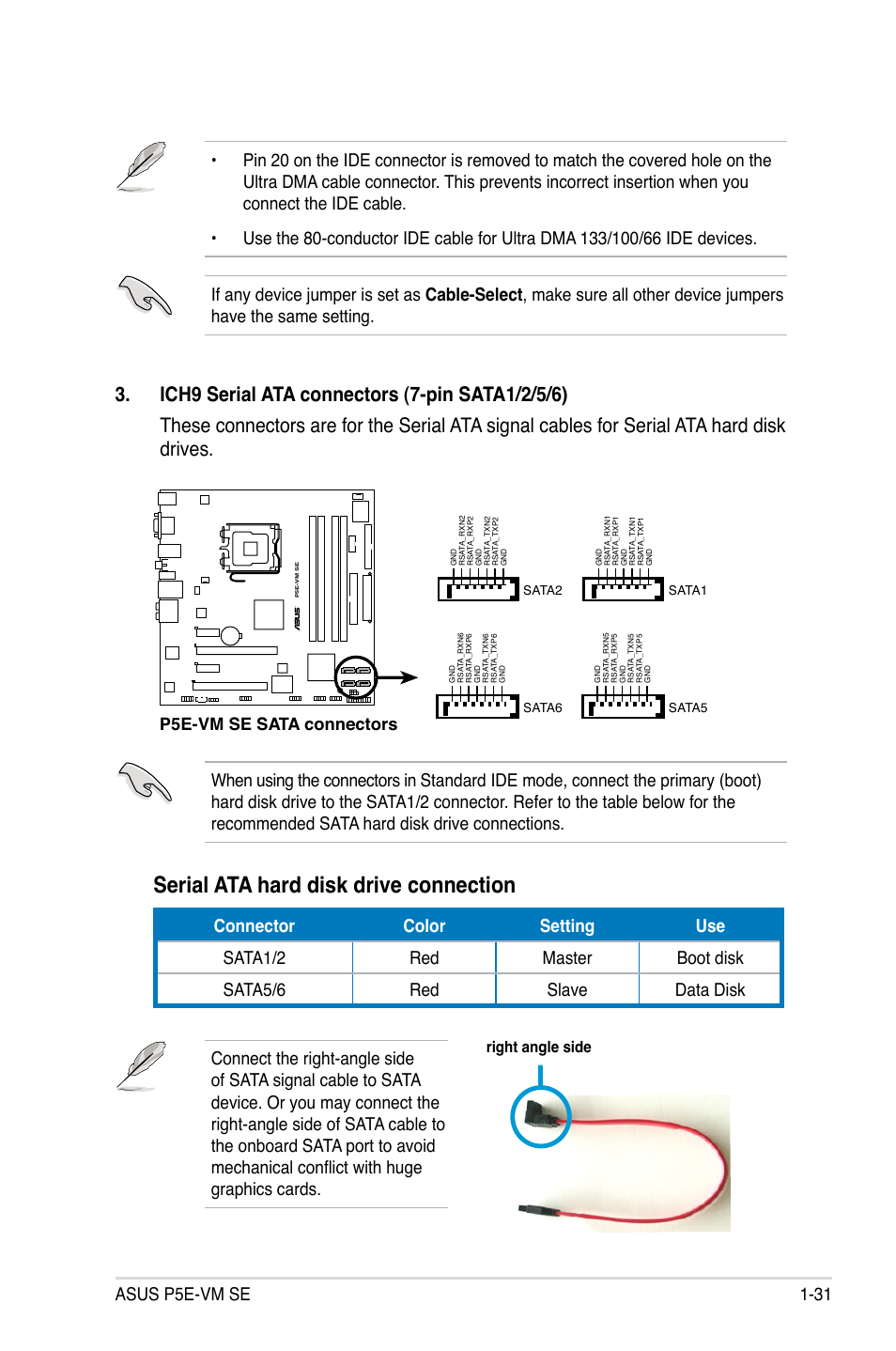 Serial ata hard disk drive connection, P5e-vm se sata connectors, Right angle side | Asus P5E-VM SE User Manual | Page 43 / 102