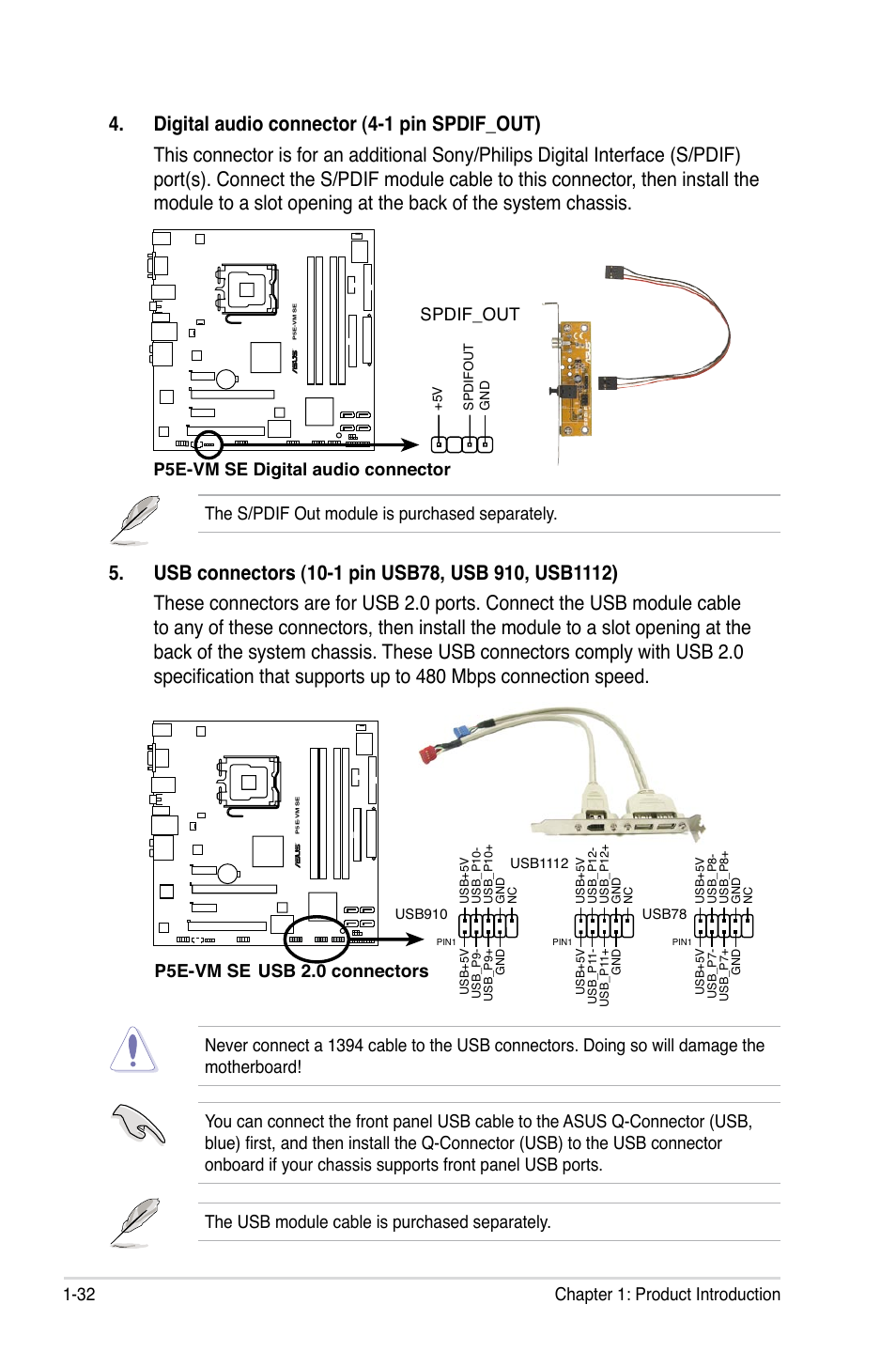 32 chapter 1: product introduction, The s/pdif out module is purchased separately, P5e-vm se usb 2.0 connectors | P5e-vm se digital audio connector, Spdif_out | Asus P5E-VM SE User Manual | Page 44 / 102