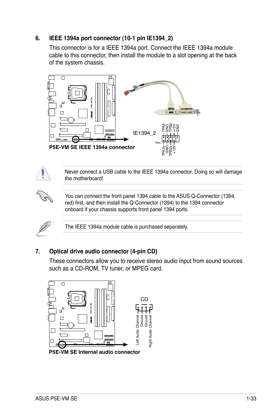 Asus p5e-vm se 1-33, P5e-vm se internal audio connector cd | Asus P5E-VM SE User Manual | Page 45 / 102