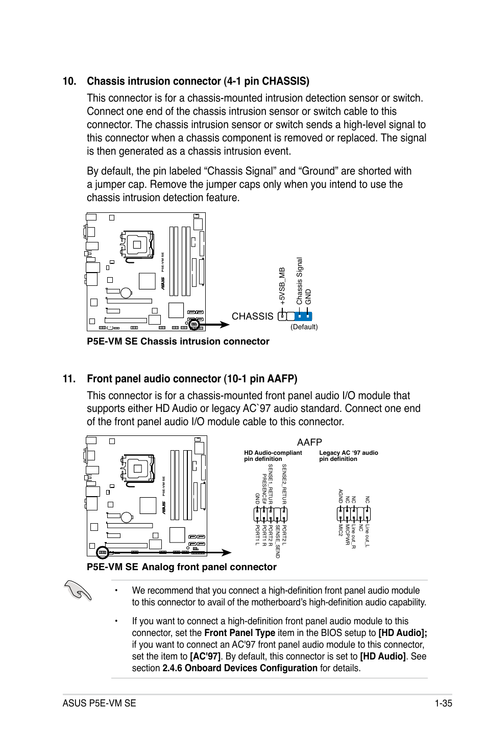Asus p5e-vm se 1-35, P5e-vm se chassis intrusion connector chassis, P5e-vm se analog front panel connector aafp | Asus P5E-VM SE User Manual | Page 47 / 102
