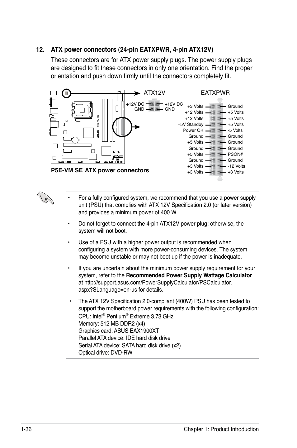 Pentium, P5e-vm se atx power connectors eatxpwr, Atx12v | Asus P5E-VM SE User Manual | Page 48 / 102