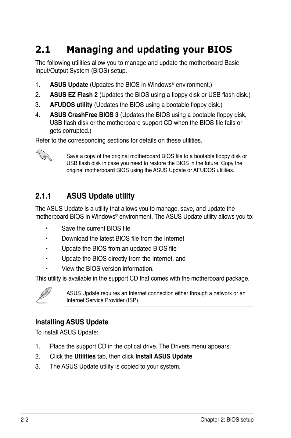 1 managing and updating your bios, 1 asus update utility, Managing and updating your bios -2 2.1.1 | Asus update utility -2 | Asus P5E-VM SE User Manual | Page 52 / 102