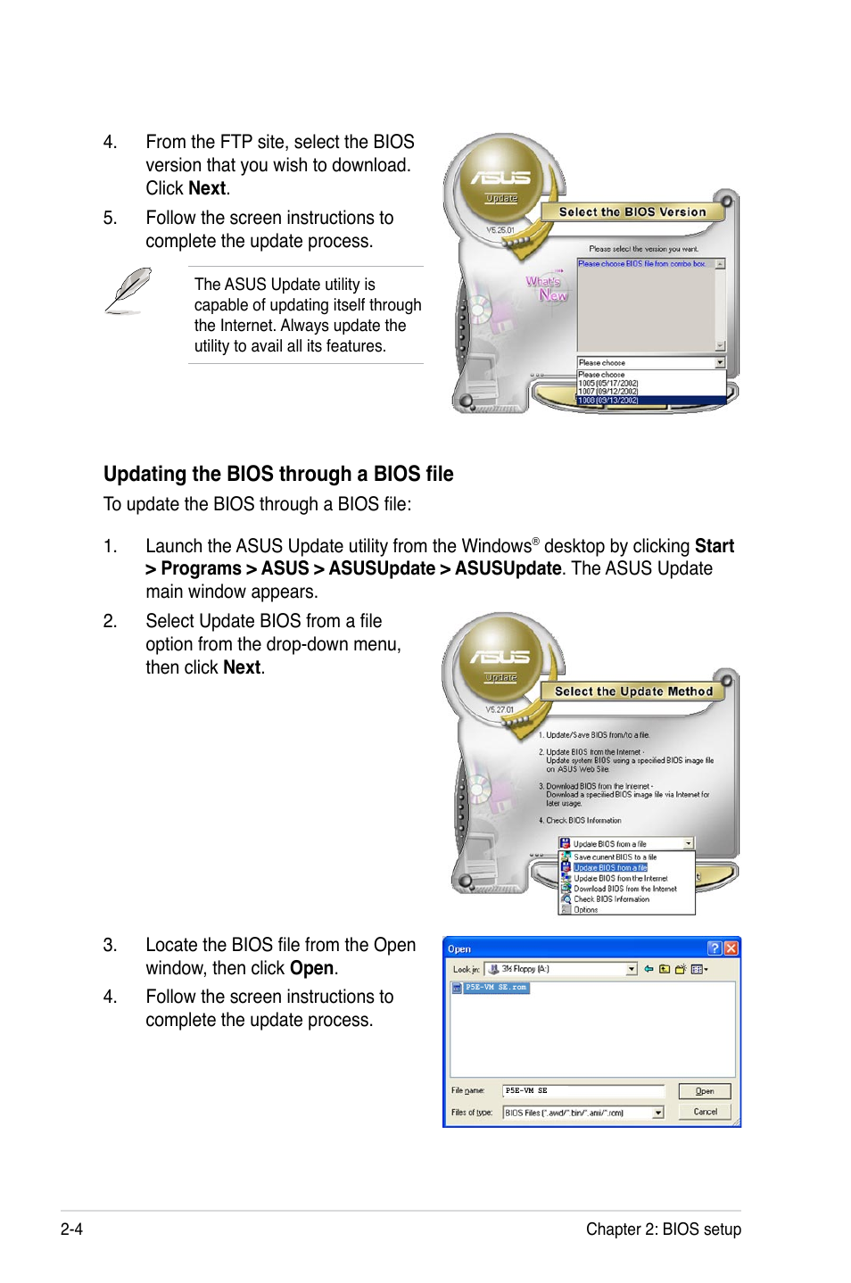 Updating the bios through a bios file | Asus P5E-VM SE User Manual | Page 54 / 102