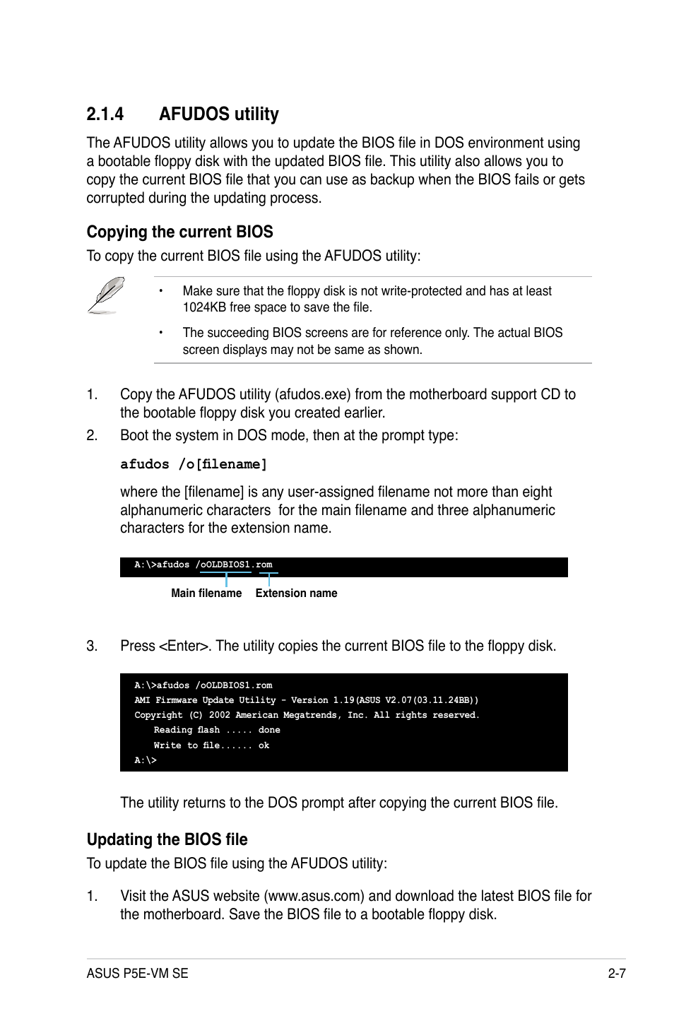 4 afudos utility, Afudos utility -7, Copying the current bios | Updating the bios file | Asus P5E-VM SE User Manual | Page 57 / 102