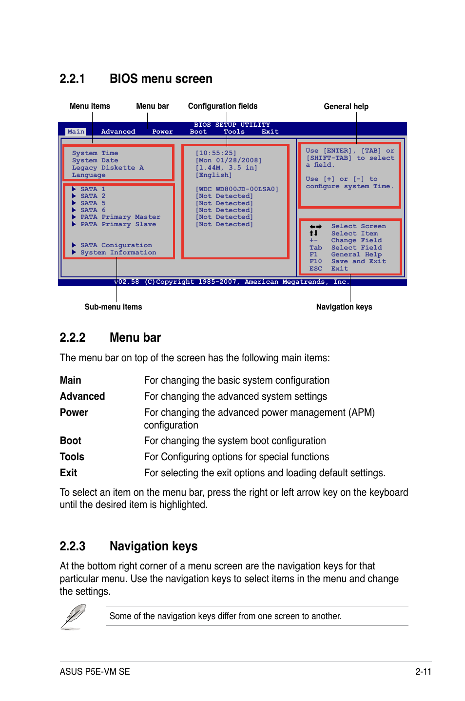 1 bios menu screen, 2 menu bar, 3 navigation keys | Bios menu screen -11, Menu bar -11, Navigation keys -11 | Asus P5E-VM SE User Manual | Page 61 / 102