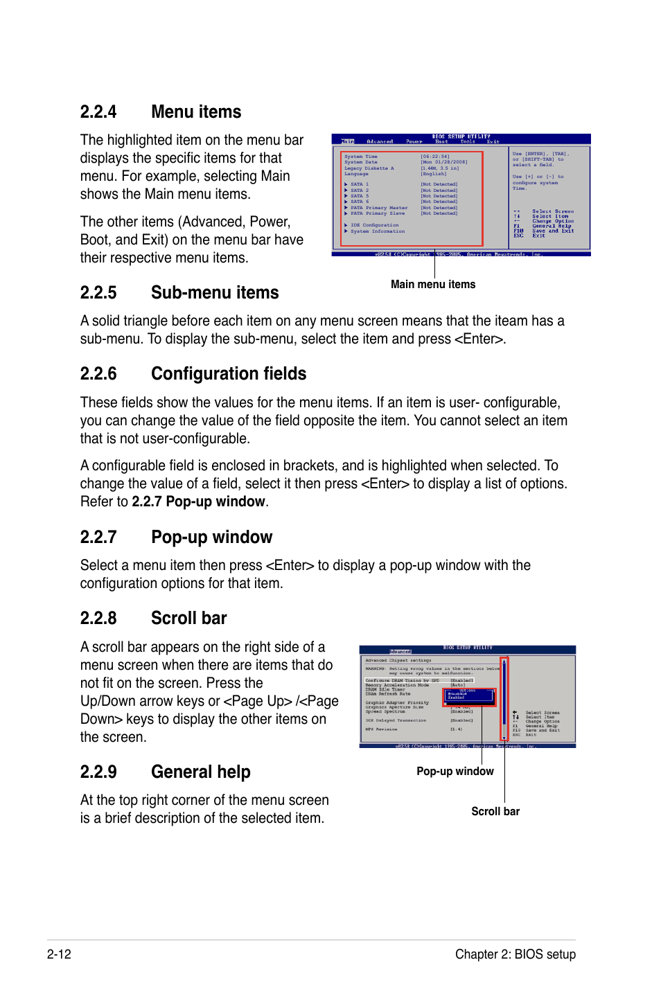 4 menu items, 5 sub-menu items, 6 configuration fields | 7 pop-up window, 8 scroll bar, 9 general help, Menu items -12, Sub-menu items -12, Configuration fields -12, Pop-up window -12 | Asus P5E-VM SE User Manual | Page 62 / 102