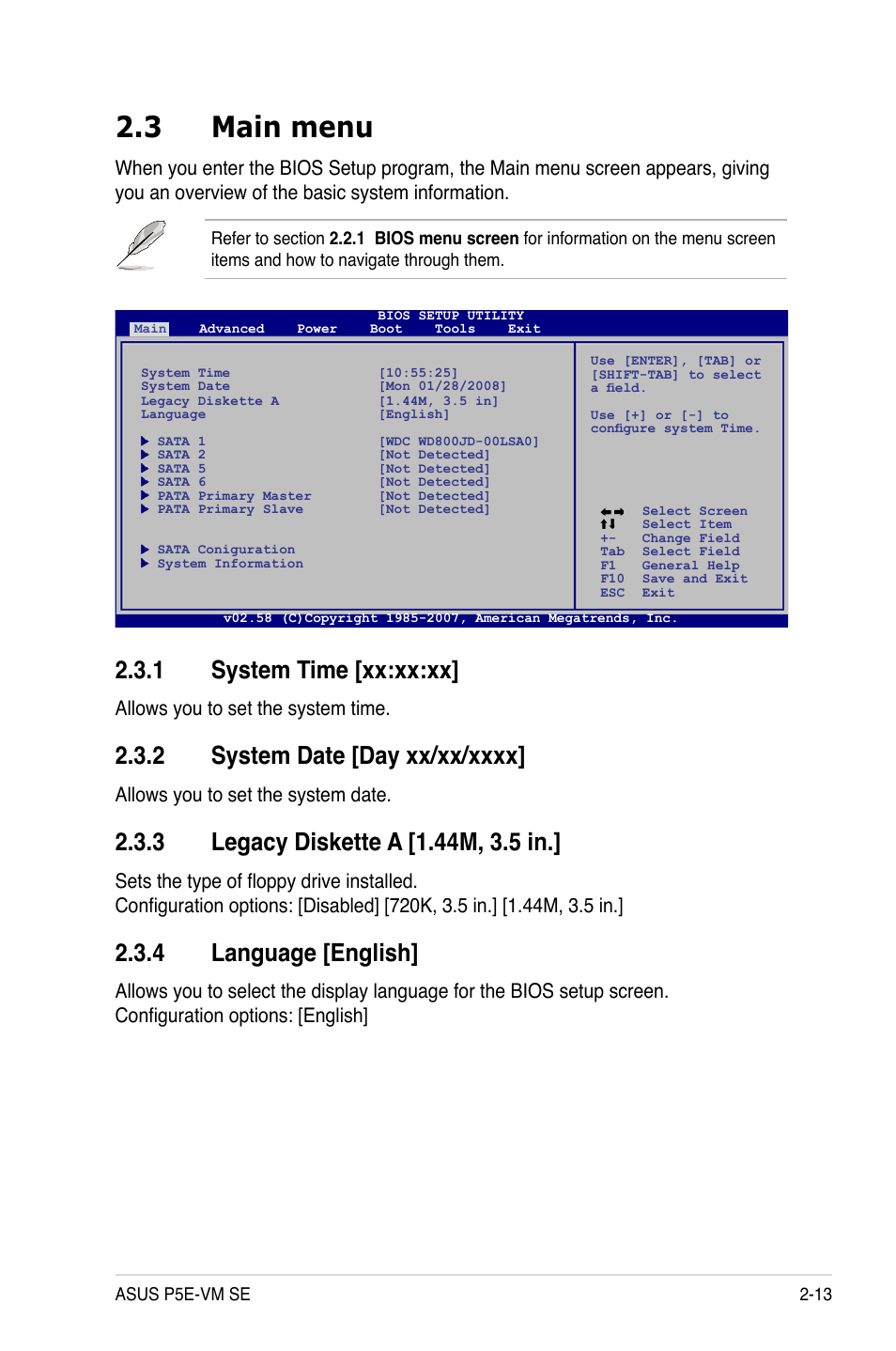 3 main menu, 1 system time [xx:xx:xx, 2 system date [day xx/xx/xxxx | 3 legacy diskette a [1.44m, 3.5 in, 4 language [english, Main menu -13 2.3.1, System time -13, System date -13, Legacy diskette a -13, Language -13 | Asus P5E-VM SE User Manual | Page 63 / 102