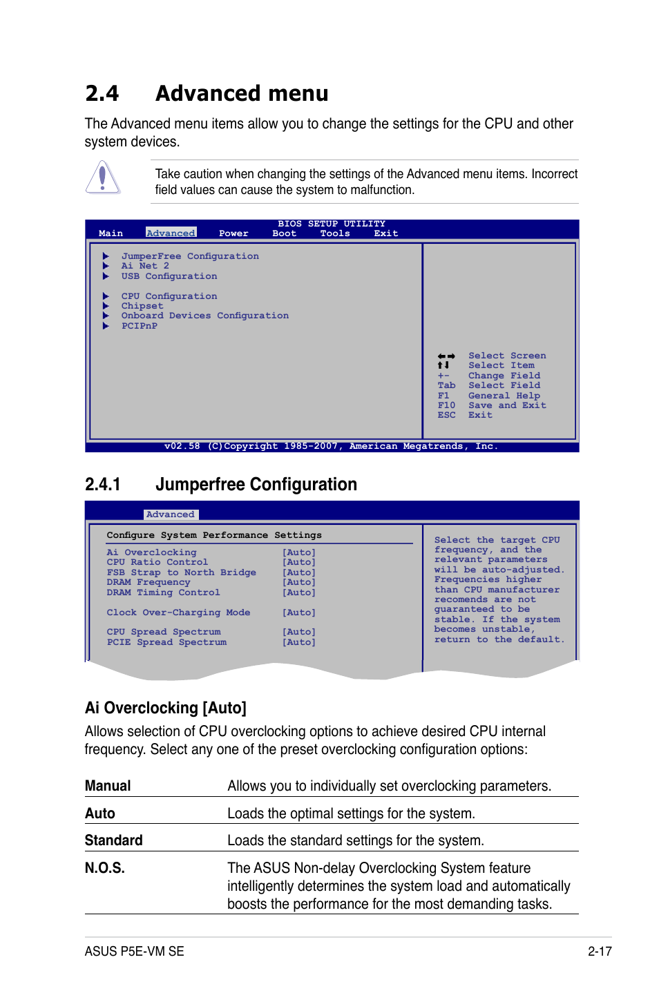 4 advanced menu, 1 jumperfree configuration, Advanced menu -17 2.4.1 | Jumperfree configuration -17, Ai overclocking [auto | Asus P5E-VM SE User Manual | Page 67 / 102