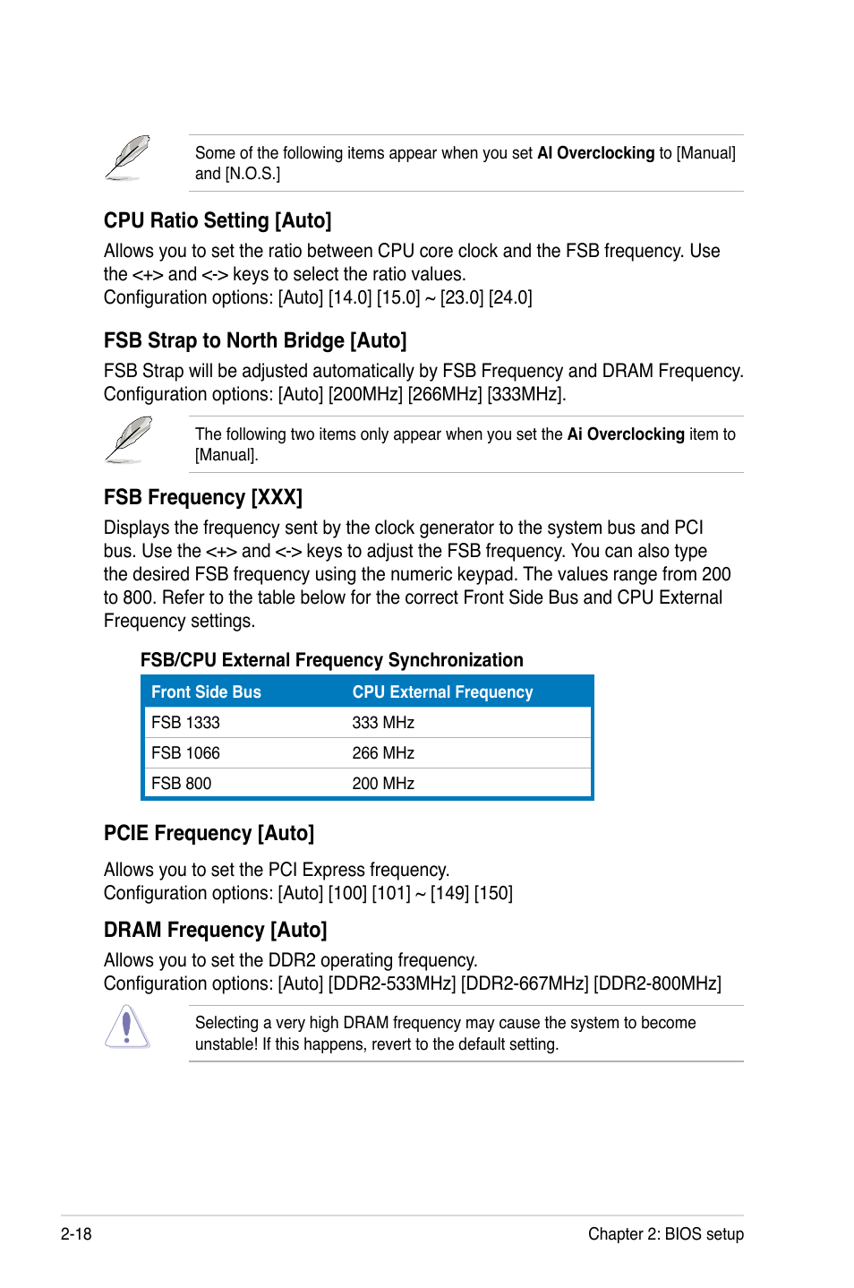 Cpu ratio setting [auto, Fsb strap to north bridge [auto, Fsb frequency [xxx | Pcie frequency [auto, Dram frequency [auto | Asus P5E-VM SE User Manual | Page 68 / 102