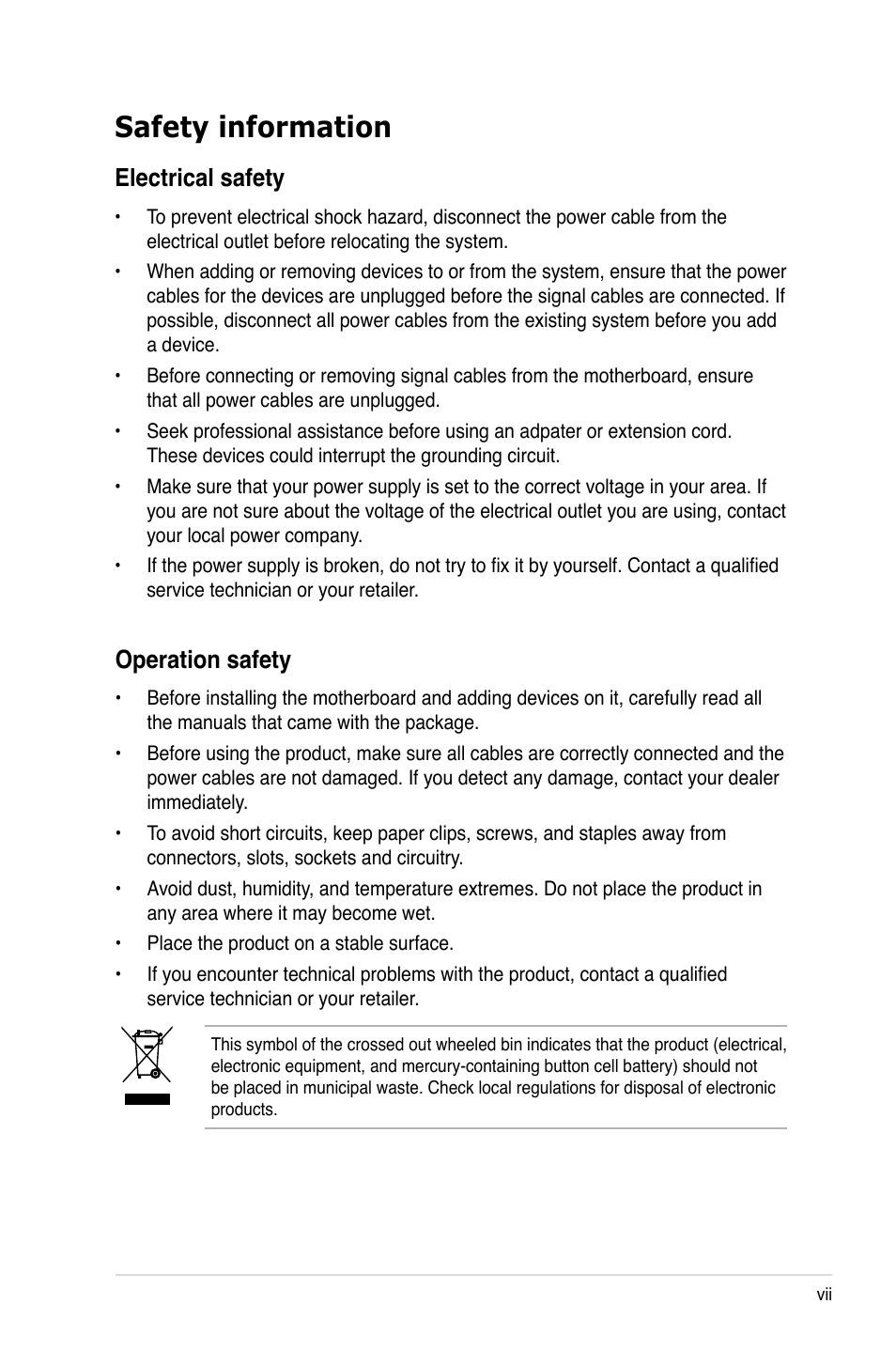 Safety information, Electrical safety, Operation safety | Asus P5E-VM SE User Manual | Page 7 / 102