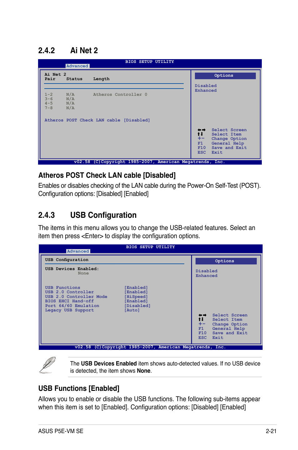 2 ai net 2, 3 usb configuration, Ai net 2 -21 | Usb configuration -21, Atheros post check lan cable [disabled, Usb functions [enabled | Asus P5E-VM SE User Manual | Page 71 / 102