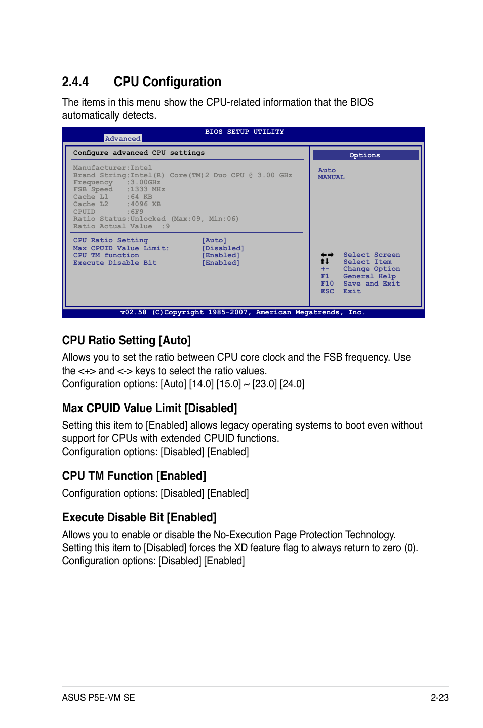 4 cpu configuration, Cpu configuration -23, Cpu ratio setting [auto | Max cpuid value limit [disabled, Cpu tm function [enabled, Execute disable bit [enabled, Configuration options: [disabled] [enabled | Asus P5E-VM SE User Manual | Page 73 / 102