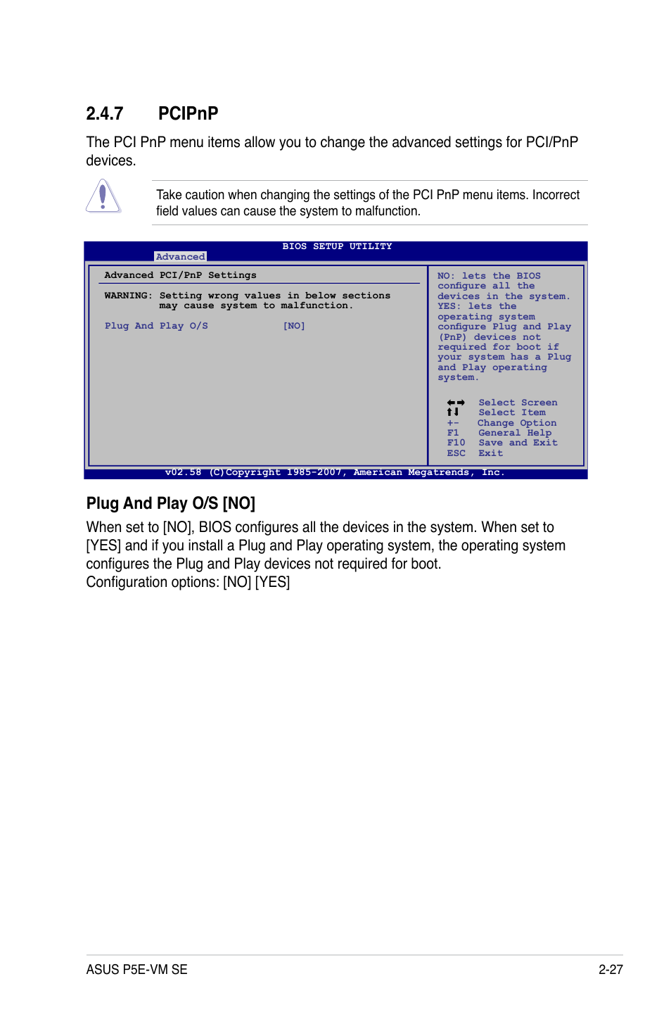 7 pcipnp, Pcipnp -27, Plug and play o/s [no | Asus P5E-VM SE User Manual | Page 77 / 102