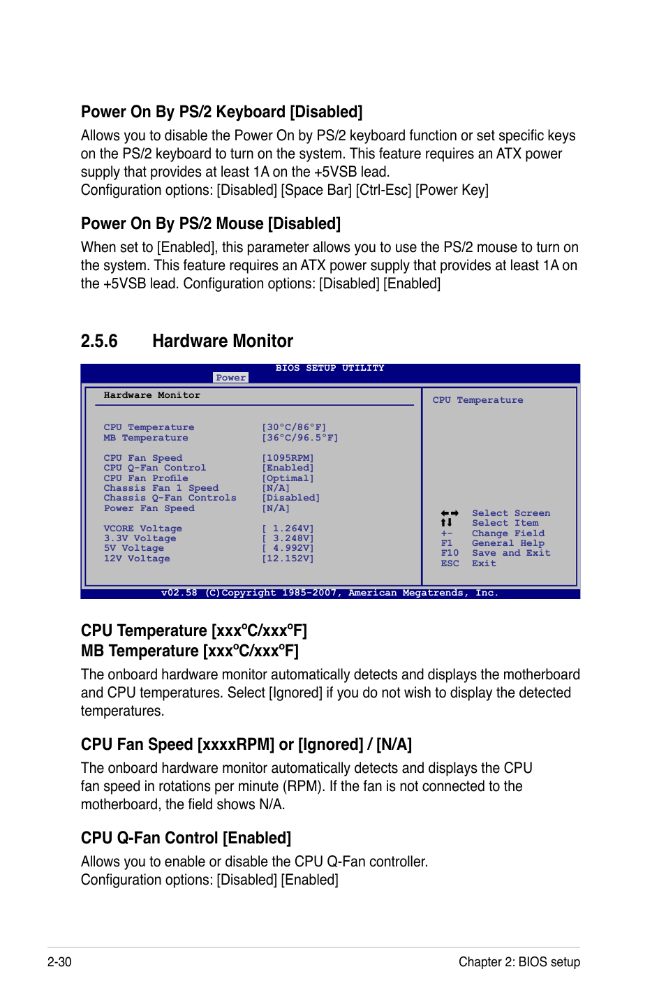 6 hardware monitor, Hardware monitor -30, Cpu q-fan control [enabled | Power on by ps/2 keyboard [disabled, Power on by ps/2 mouse [disabled | Asus P5E-VM SE User Manual | Page 80 / 102