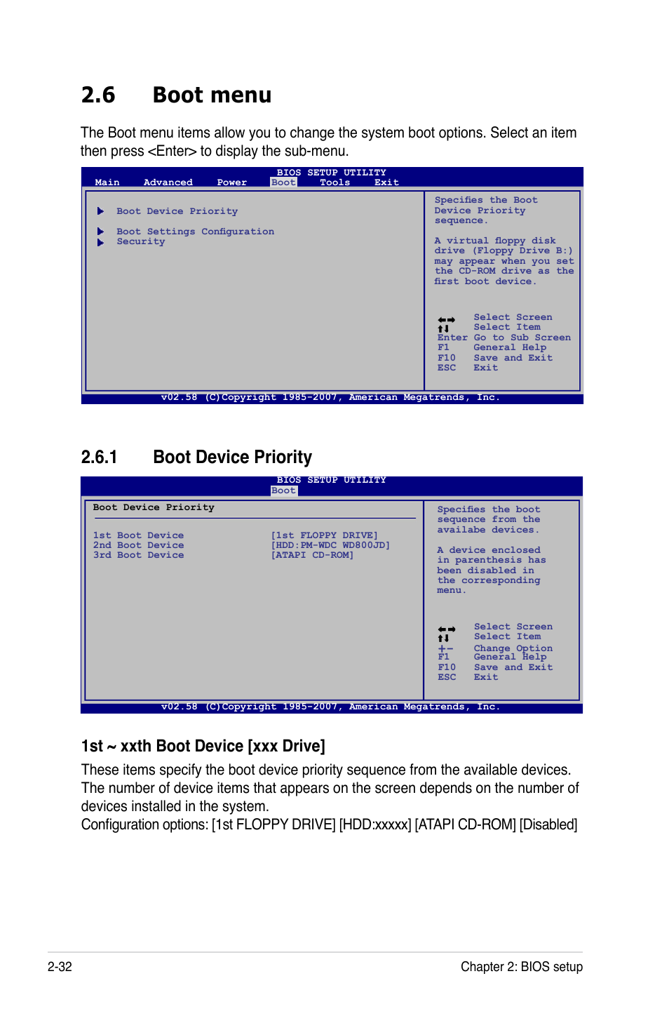 6 boot menu, 1 boot device priority, Boot menu -32 2.6.1 | Boot device priority -32, 1st ~ xxth boot device [xxx drive | Asus P5E-VM SE User Manual | Page 82 / 102