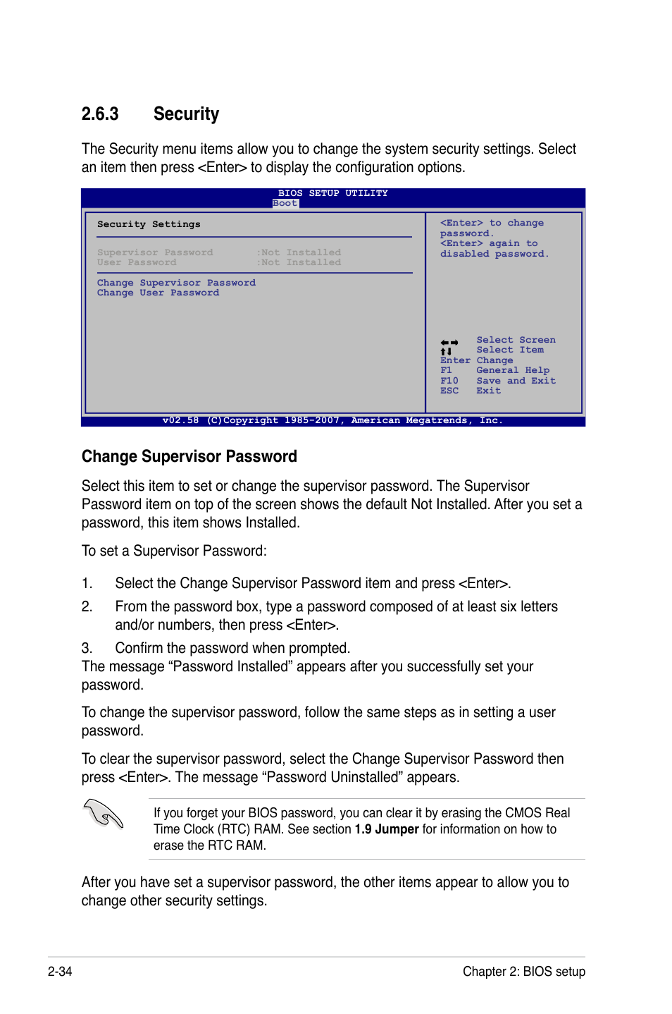 3 security, Security -34, Change supervisor password | Asus P5E-VM SE User Manual | Page 84 / 102