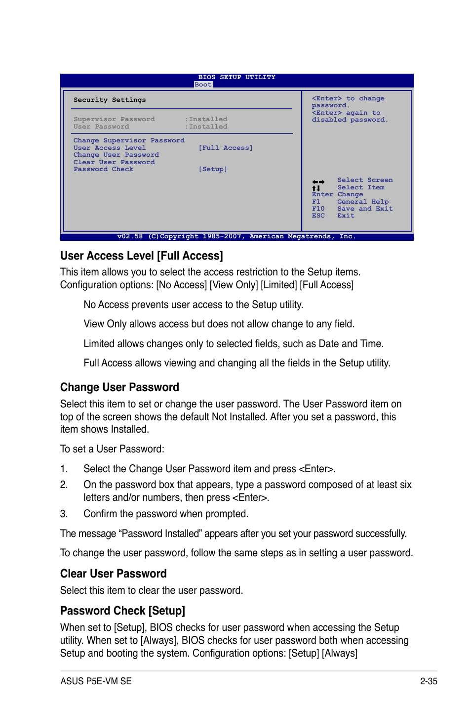 User access level [full access, Change user password, Clear user password | Password check [setup, Select this item to clear the user password | Asus P5E-VM SE User Manual | Page 85 / 102