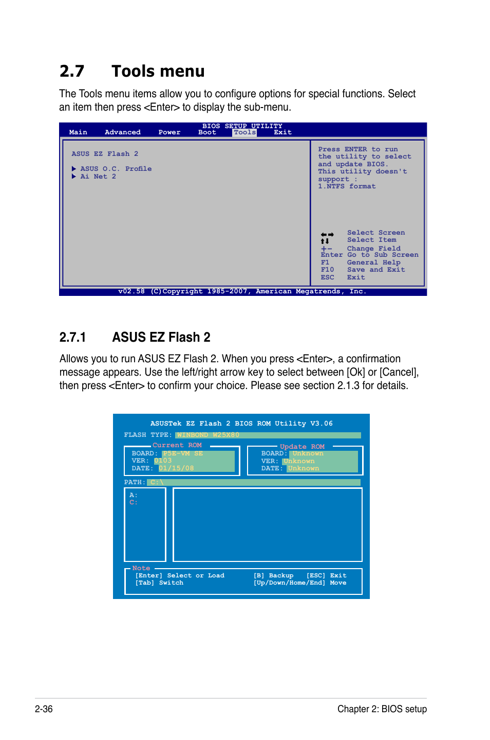 7 tools menu, 1 asus ez flash 2, Tools menu -36 2.7.1 | Asus ez flash 2 -36 | Asus P5E-VM SE User Manual | Page 86 / 102