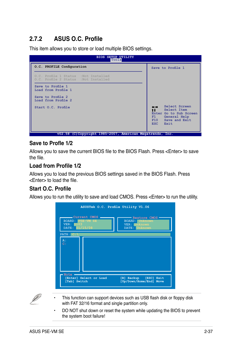 2 asus o.c. profile, Asus o.c. profile -37, Save to profle 1/2 | Load from profile 1/2, Start o.c. profile | Asus P5E-VM SE User Manual | Page 87 / 102