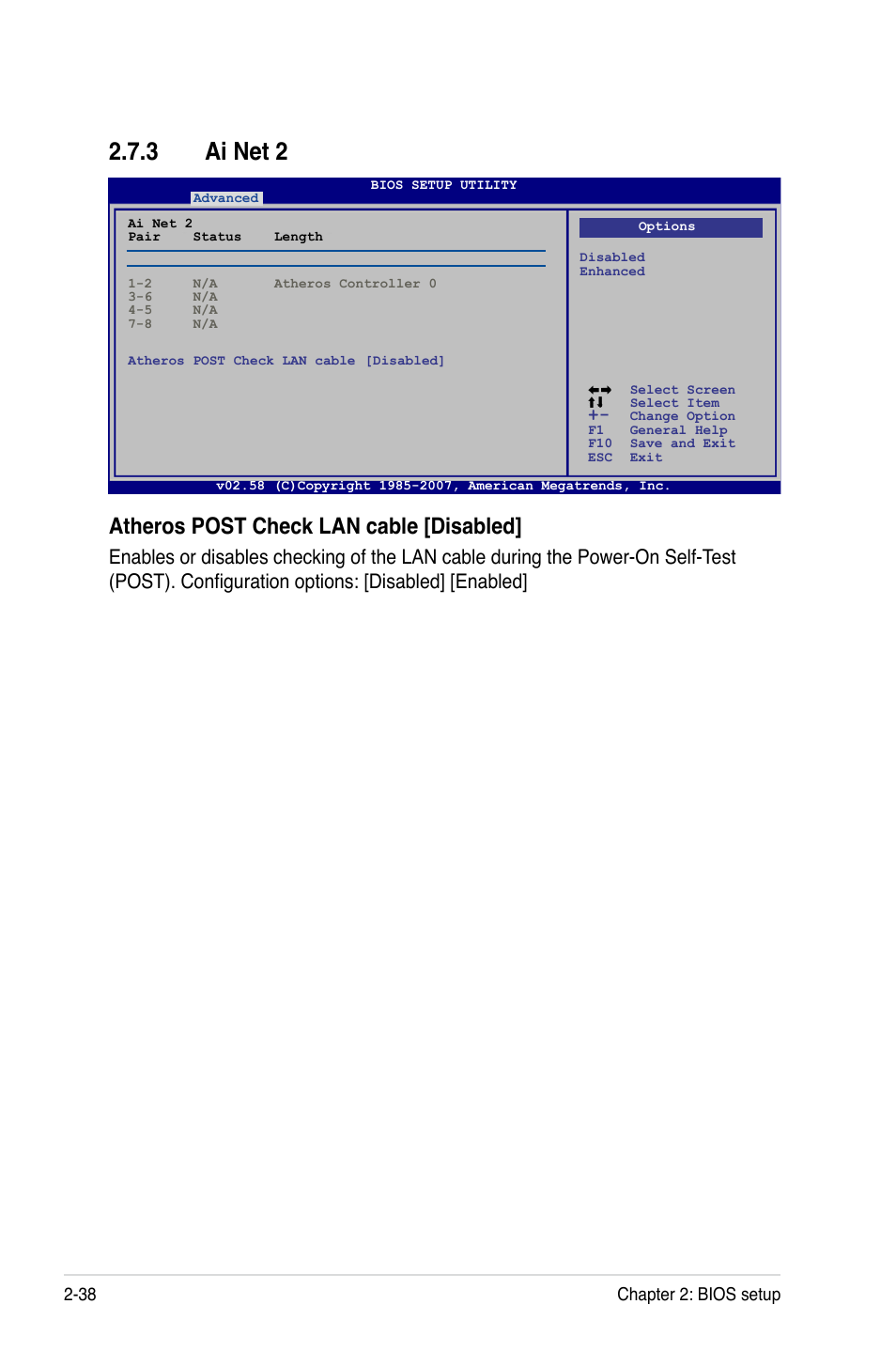 3 ai net 2, Ai net 2 -38, Atheros post check lan cable [disabled | Asus P5E-VM SE User Manual | Page 88 / 102