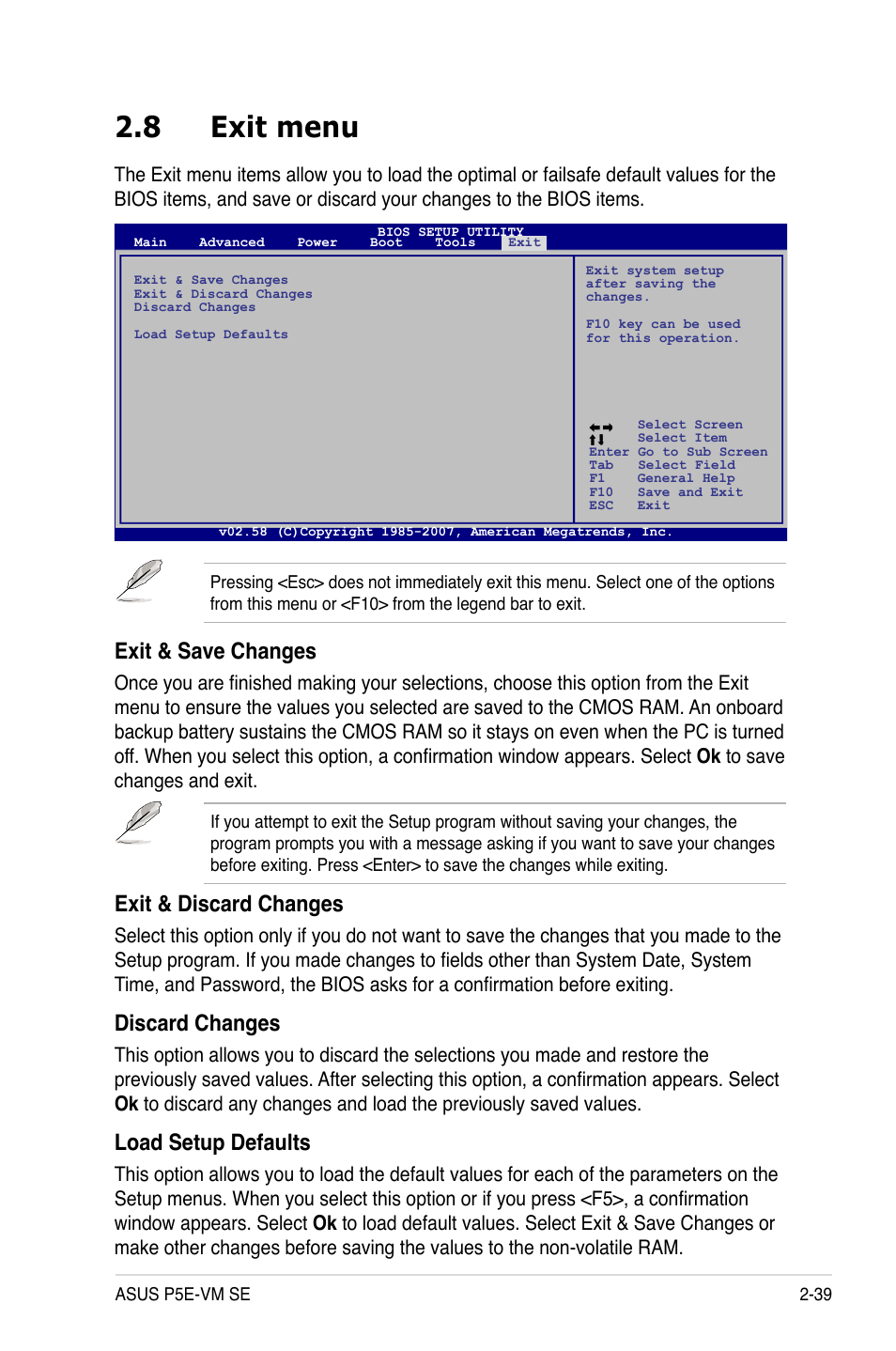 8 exit menu, Exit menu -39, Exit & save changes | Exit & discard changes, Discard changes, Load setup defaults | Asus P5E-VM SE User Manual | Page 89 / 102