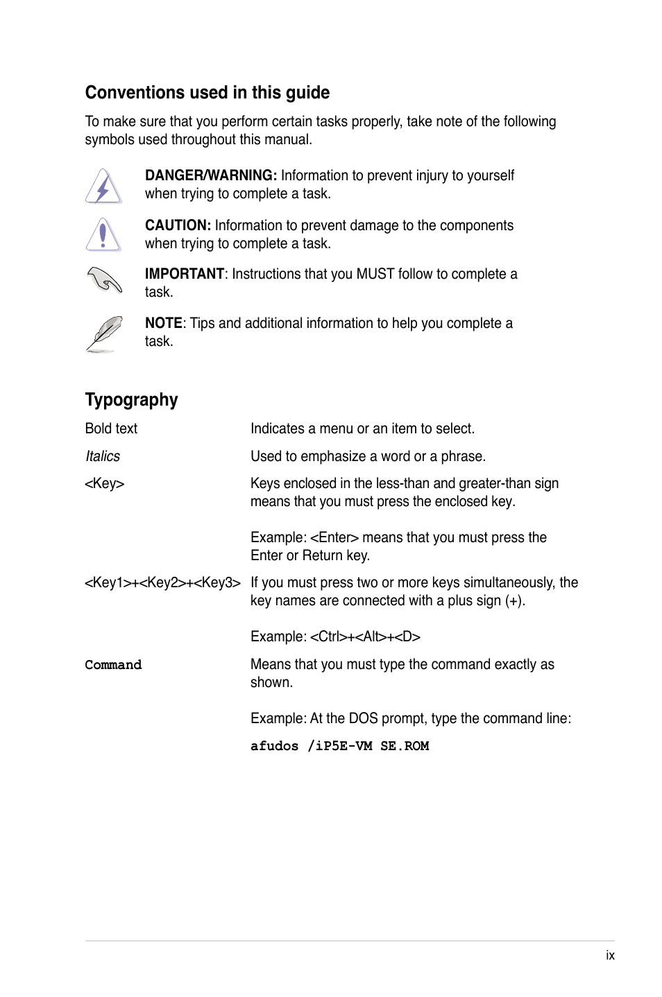 Conventions used in this guide, Typography | Asus P5E-VM SE User Manual | Page 9 / 102