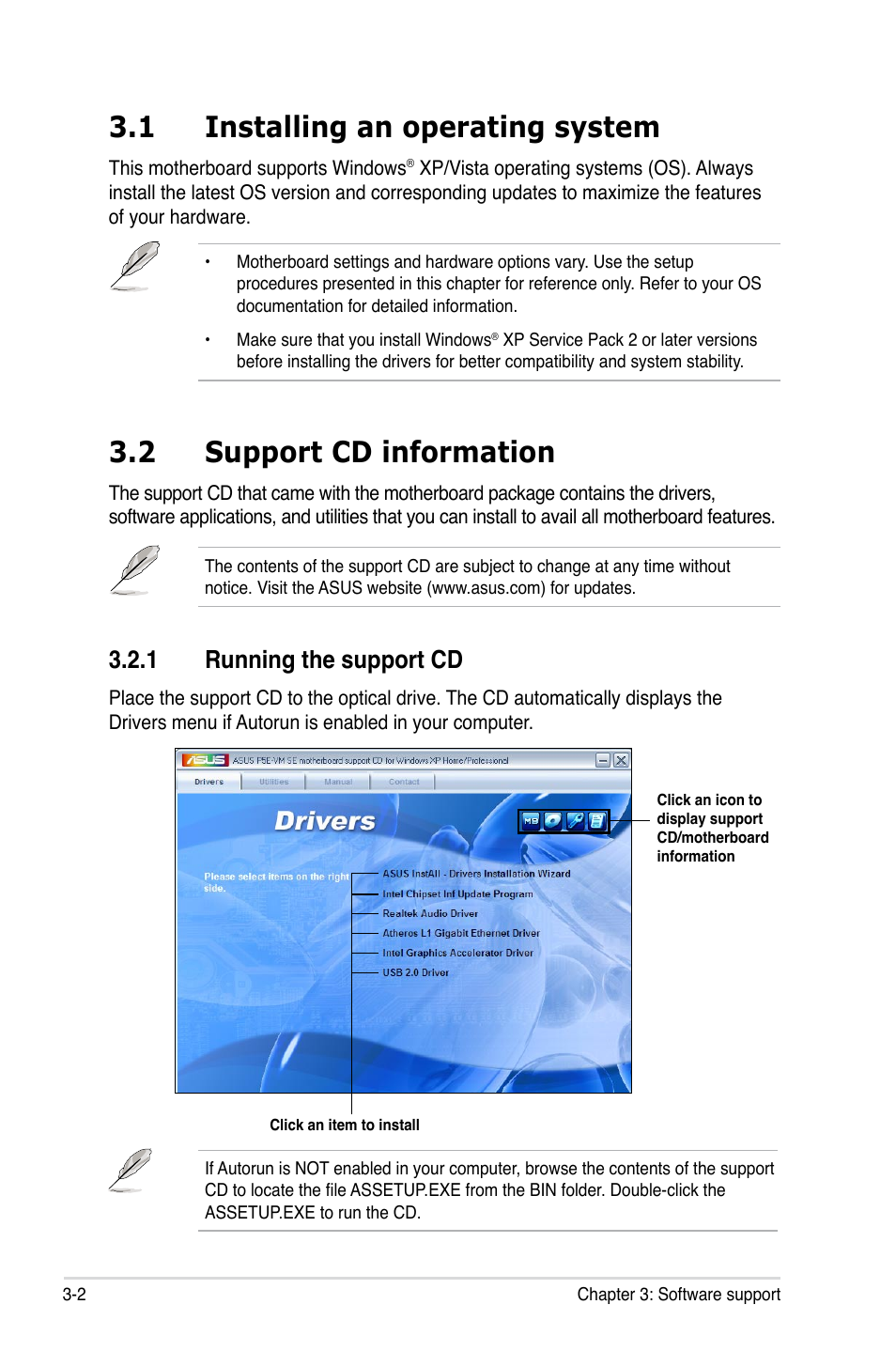 1 installing an operating system, 2 support cd information, 1 running the support cd | Installing an operating system -2, Support cd information -2 3.2.1, Running the support cd -2 | Asus P5E-VM SE User Manual | Page 92 / 102