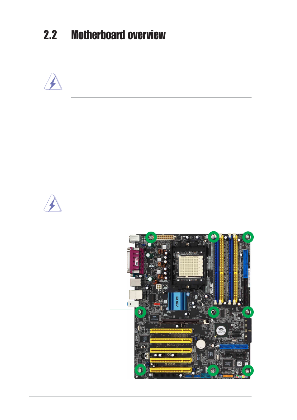 2 motherboard overview, 1 placement direction, 2 screw holes | Asus SK8V User Manual | Page 24 / 134