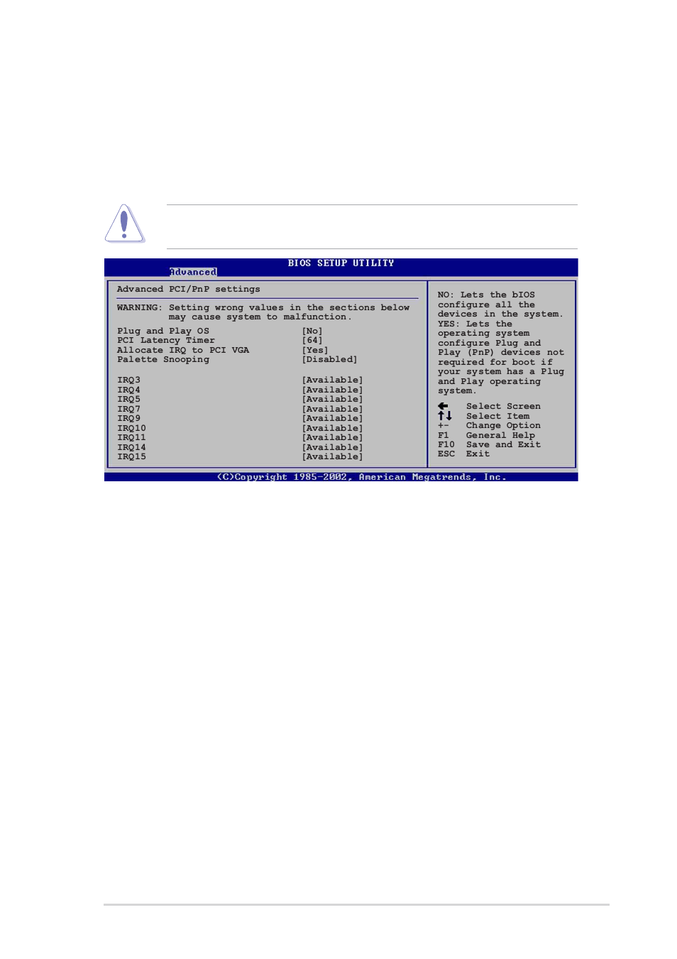 4 pci pnp, Plug and play o/s [no, Pci latency timer [64 | Allocate irq to pci vga [yes, Palette snooping [disabled | Asus SK8V User Manual | Page 89 / 134