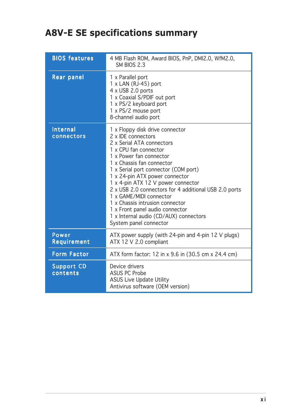 A8v-e se specifications summary | Asus A8V-E SE User Manual | Page 11 / 88