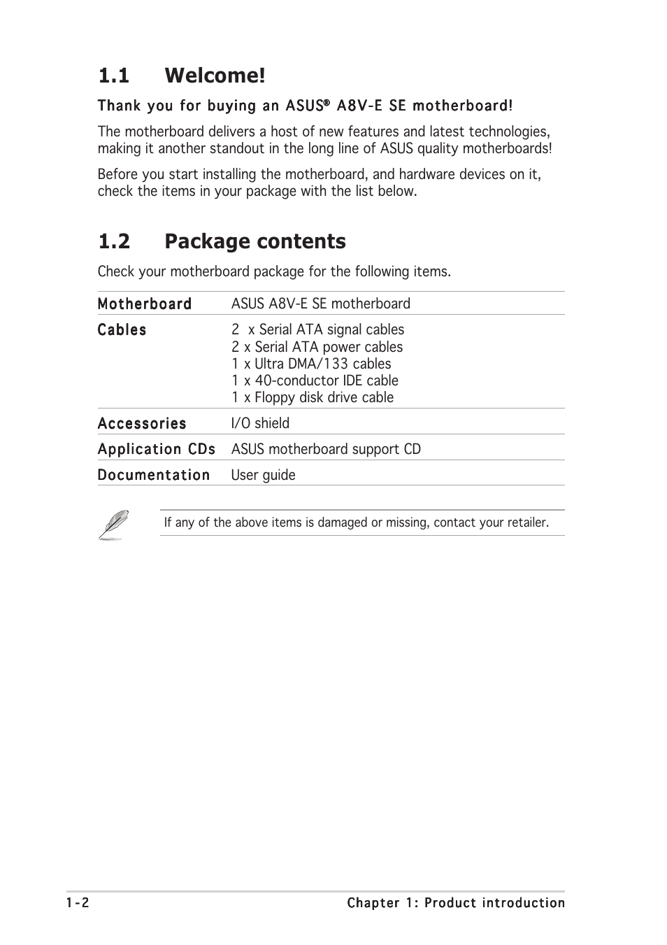 1 welcome, 2 package contents | Asus A8V-E SE User Manual | Page 14 / 88